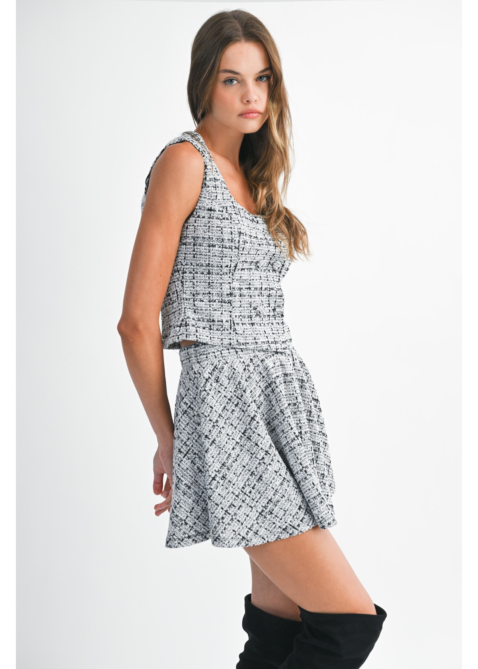 Mable Tweed Square Neckline Top And Mini Skirt Set - MST8525