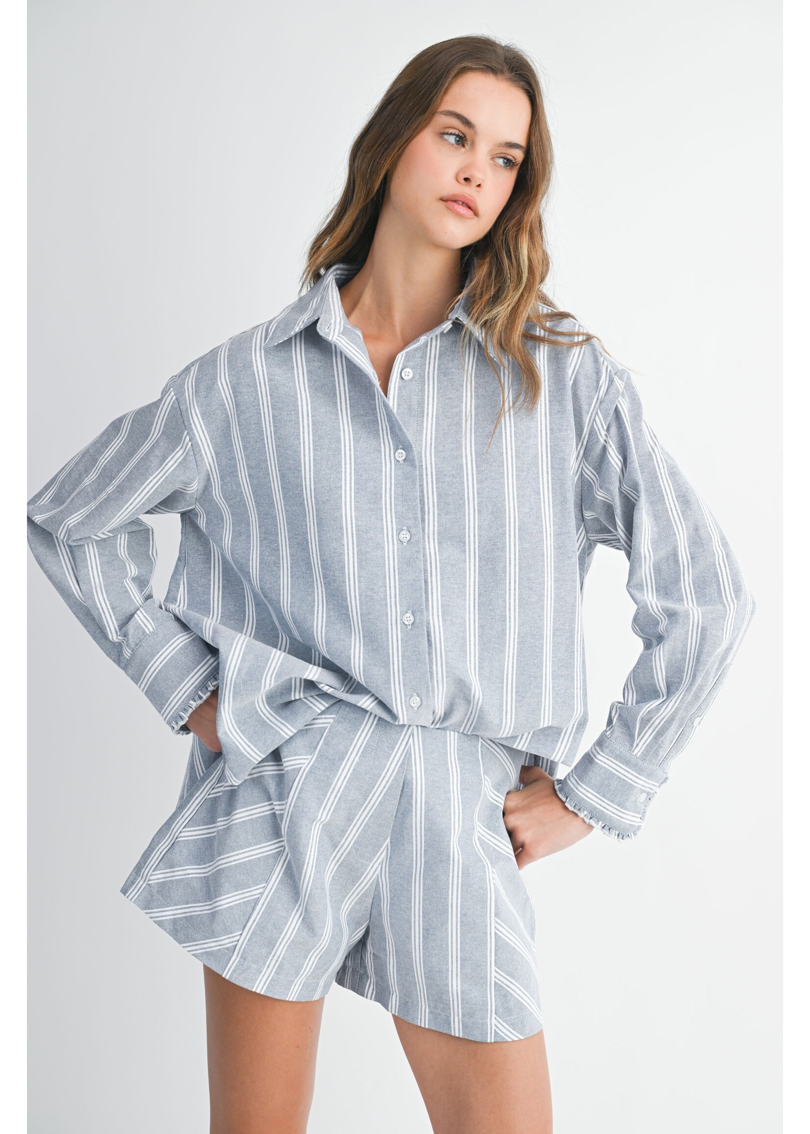 Mable Pin Stripe Button Down Shirt Top And Shorts Set - MST8491
