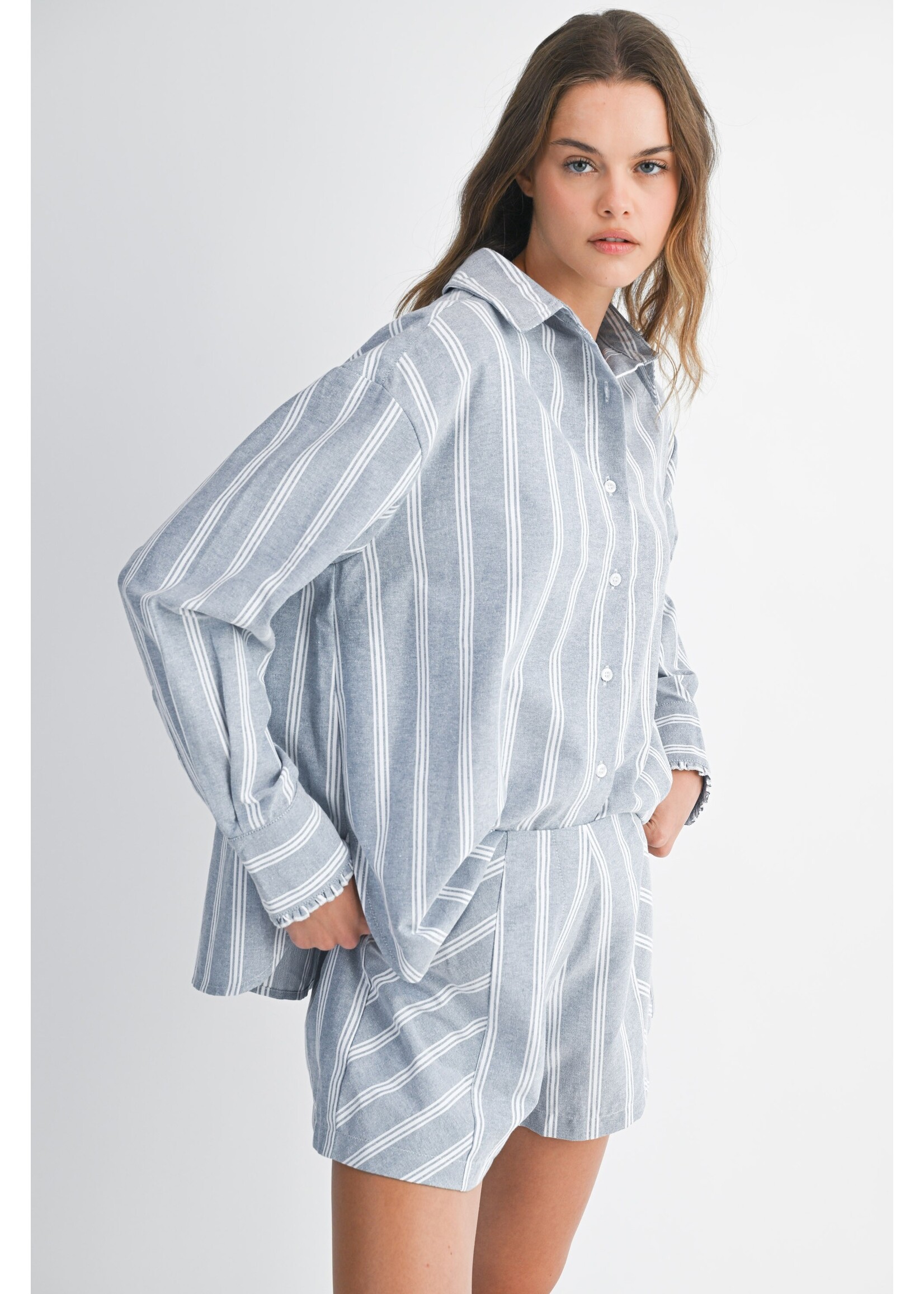 Mable Pin Stripe Button Down Shirt Top And Shorts Set - MST8491