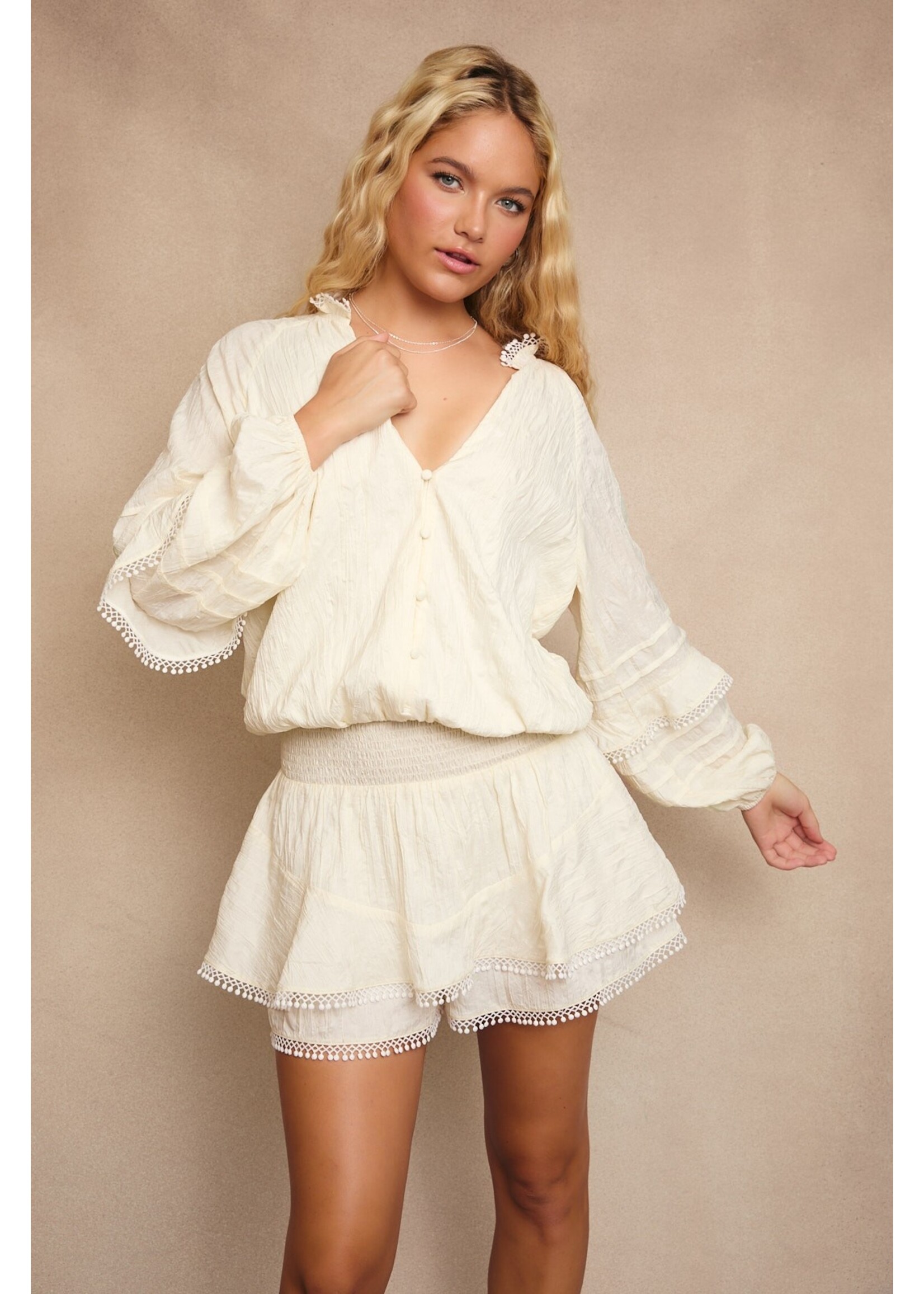 Le Lis V-Neck Waist Smocked and Ruffle Detail Romper - BM1351