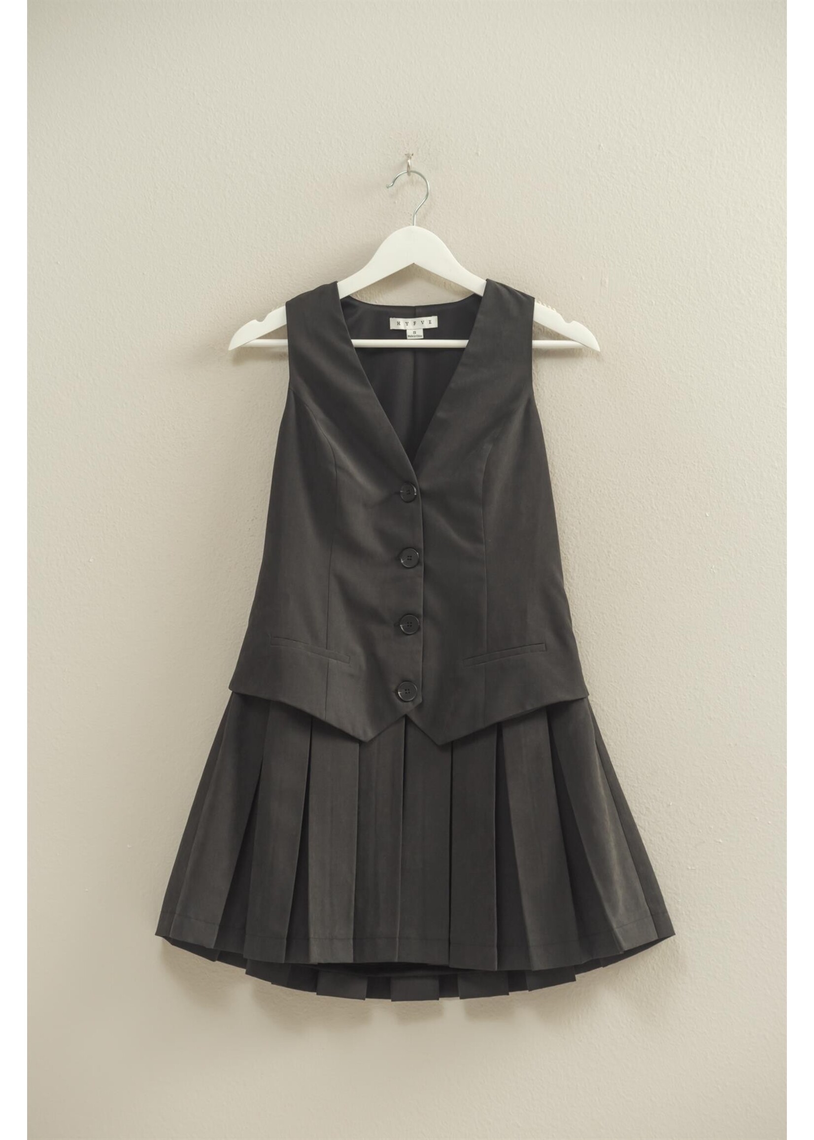HYFVE V-Neck Buttoned Waistcoat Pleated Skirt Dress - HF25F002