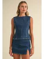 Klesis Denim Open Back Top with Bow Detail and Mini Skirt - IST5697