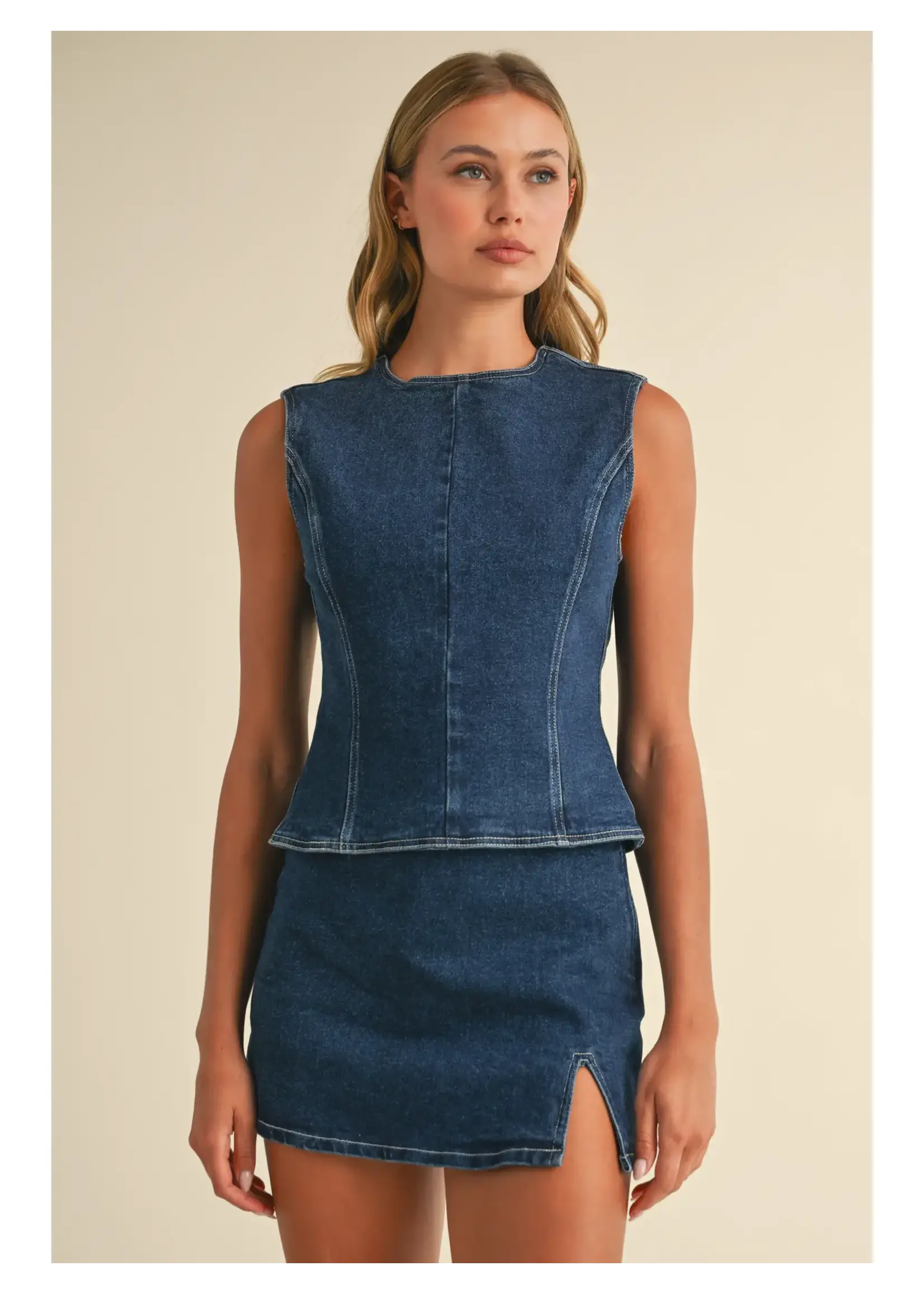 Klesis Denim Open Back Top with Bow Detail and Mini Skirt - IST5697