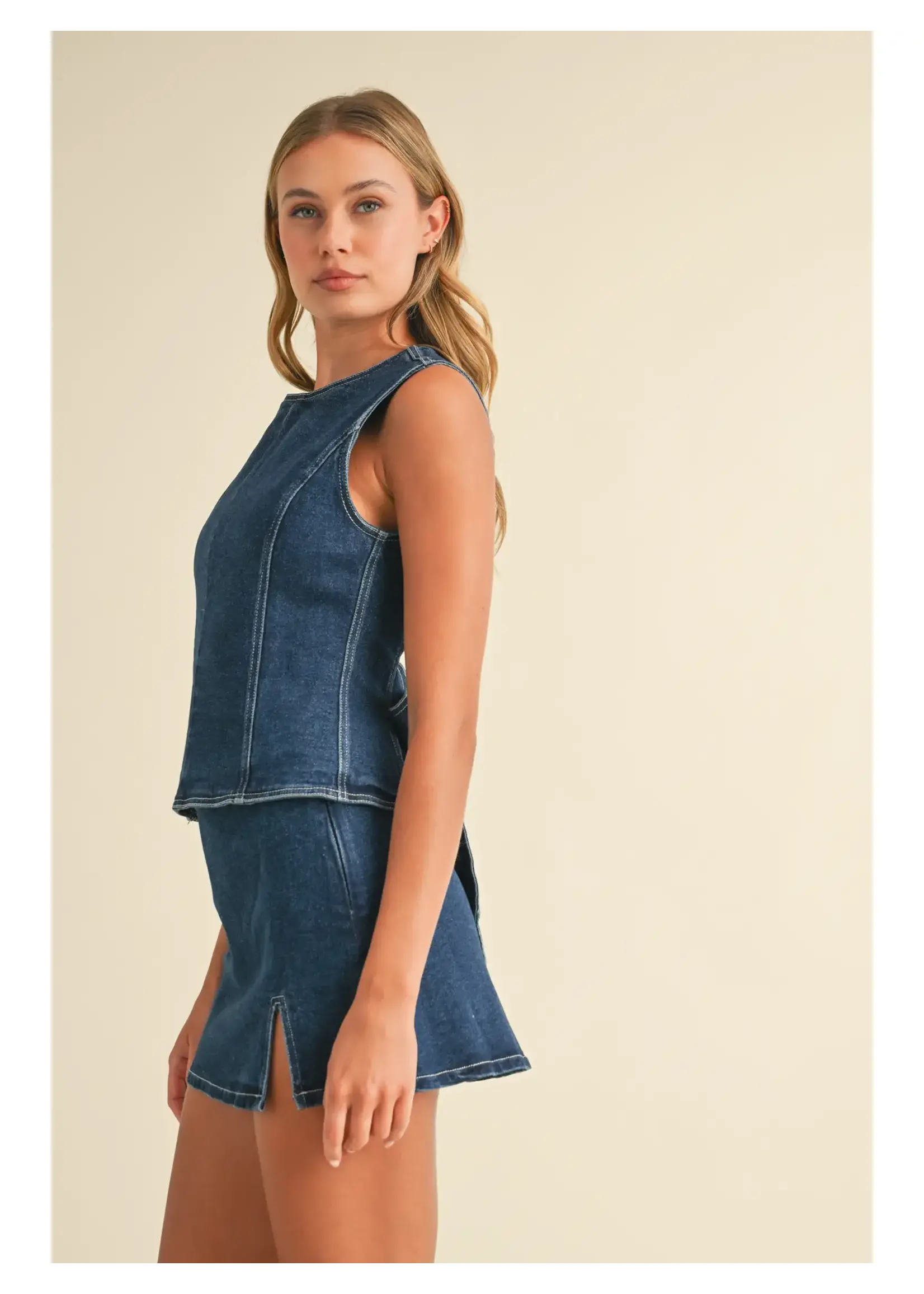 Klesis Denim Open Back Top with Bow Detail and Mini Skirt - IST5697
