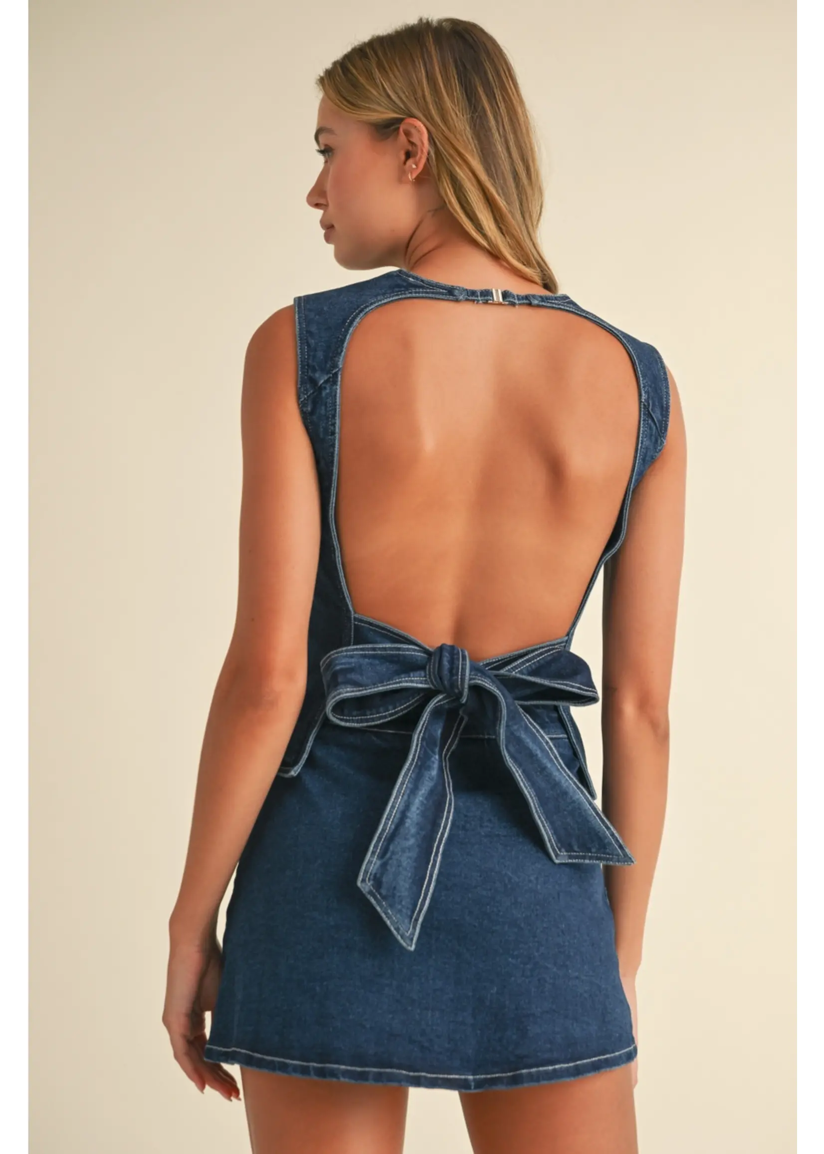 Klesis Denim Open Back Top with Bow Detail and Mini Skirt - IST5697