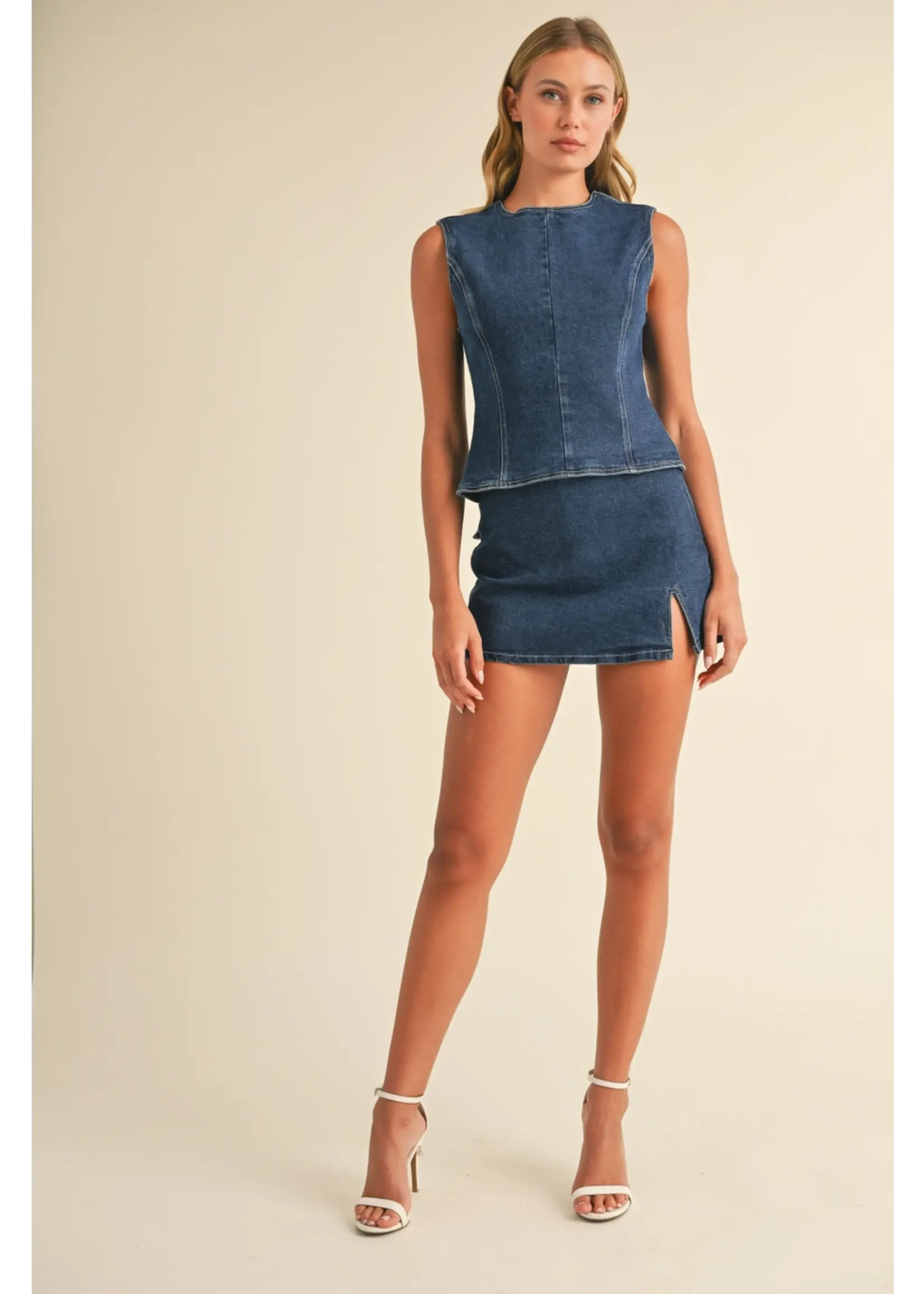 Klesis Denim Open Back Top with Bow Detail and Mini Skirt - IST5697