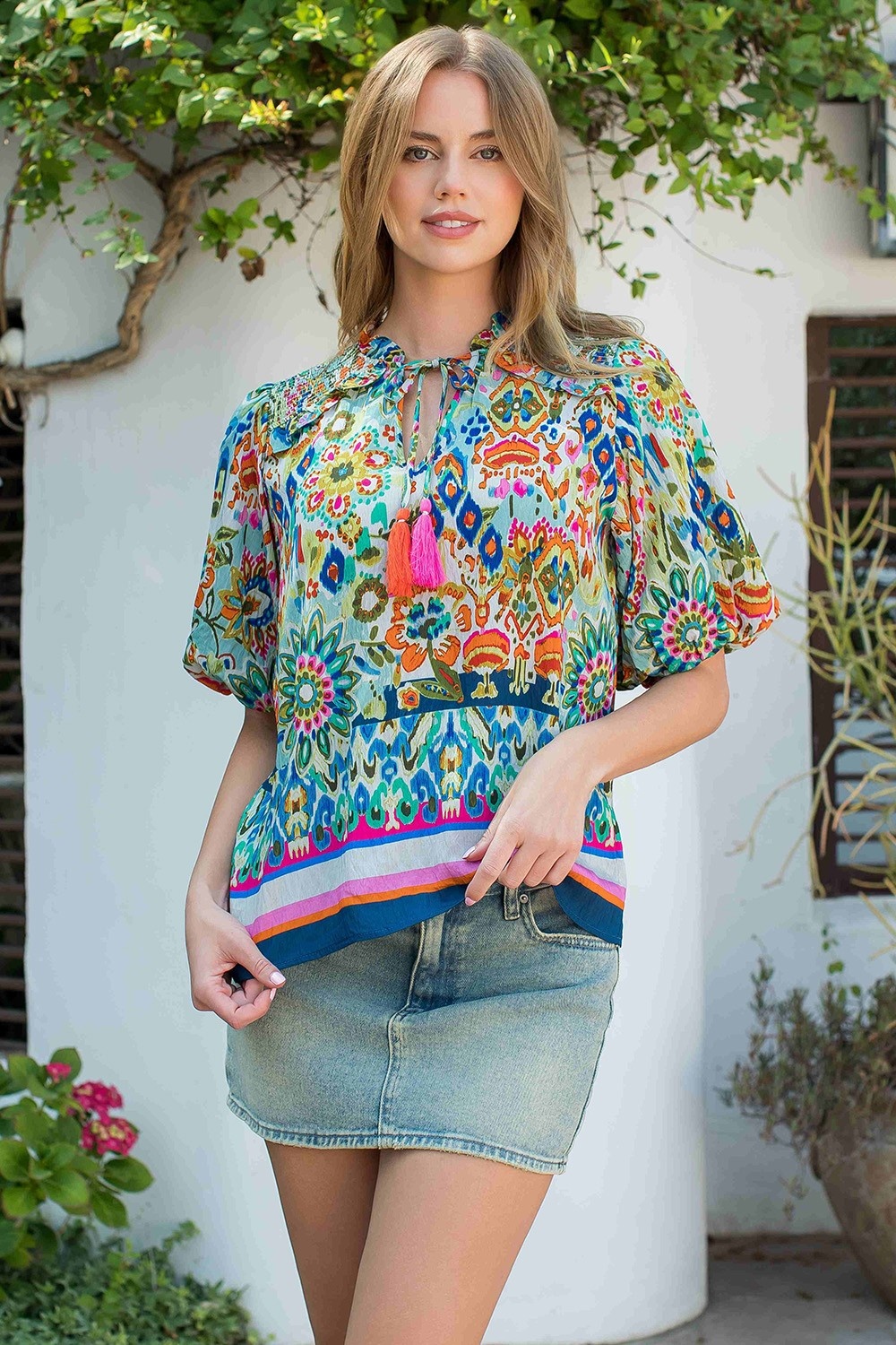 トップス Flower Jacquard 2way Puff Sleeve Tops 207660196-1-tulipfloral?$