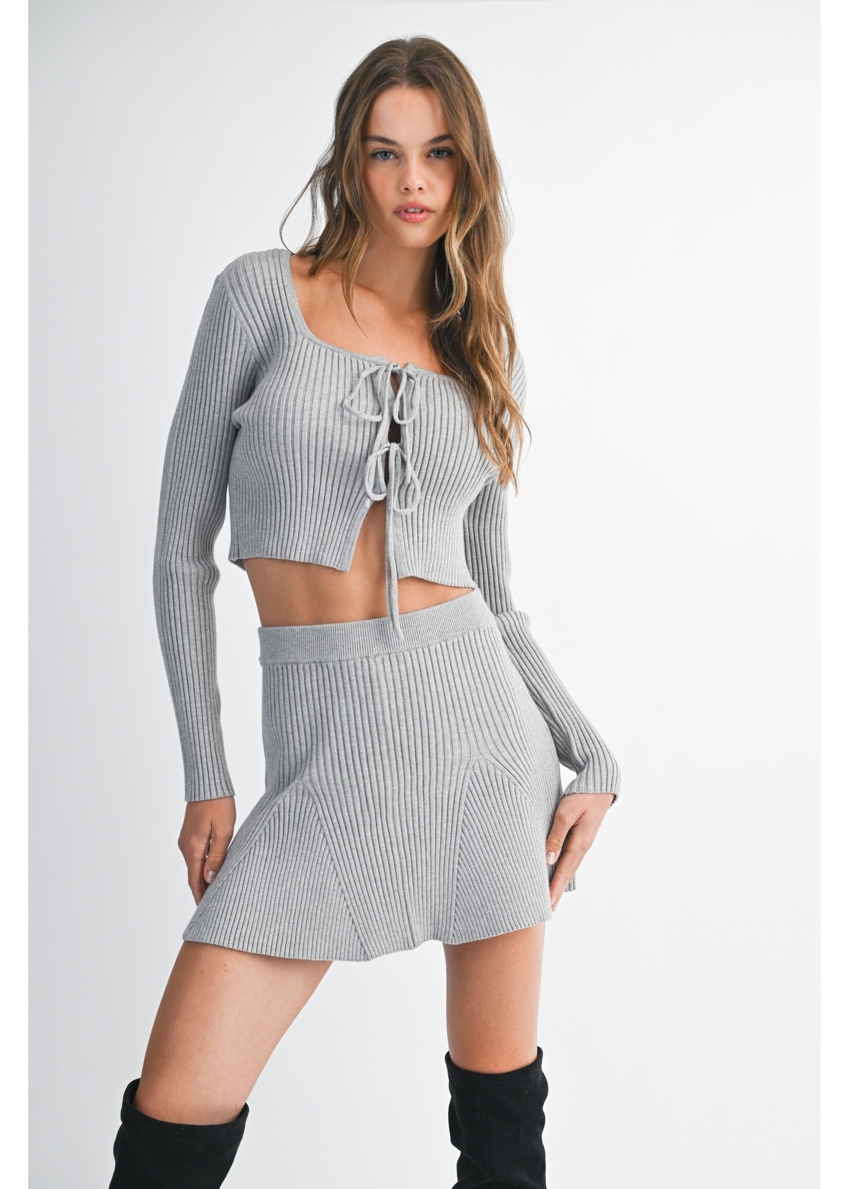 Mable Bow Tied Knit Cardigan and Mini Skirt Set - MST8028