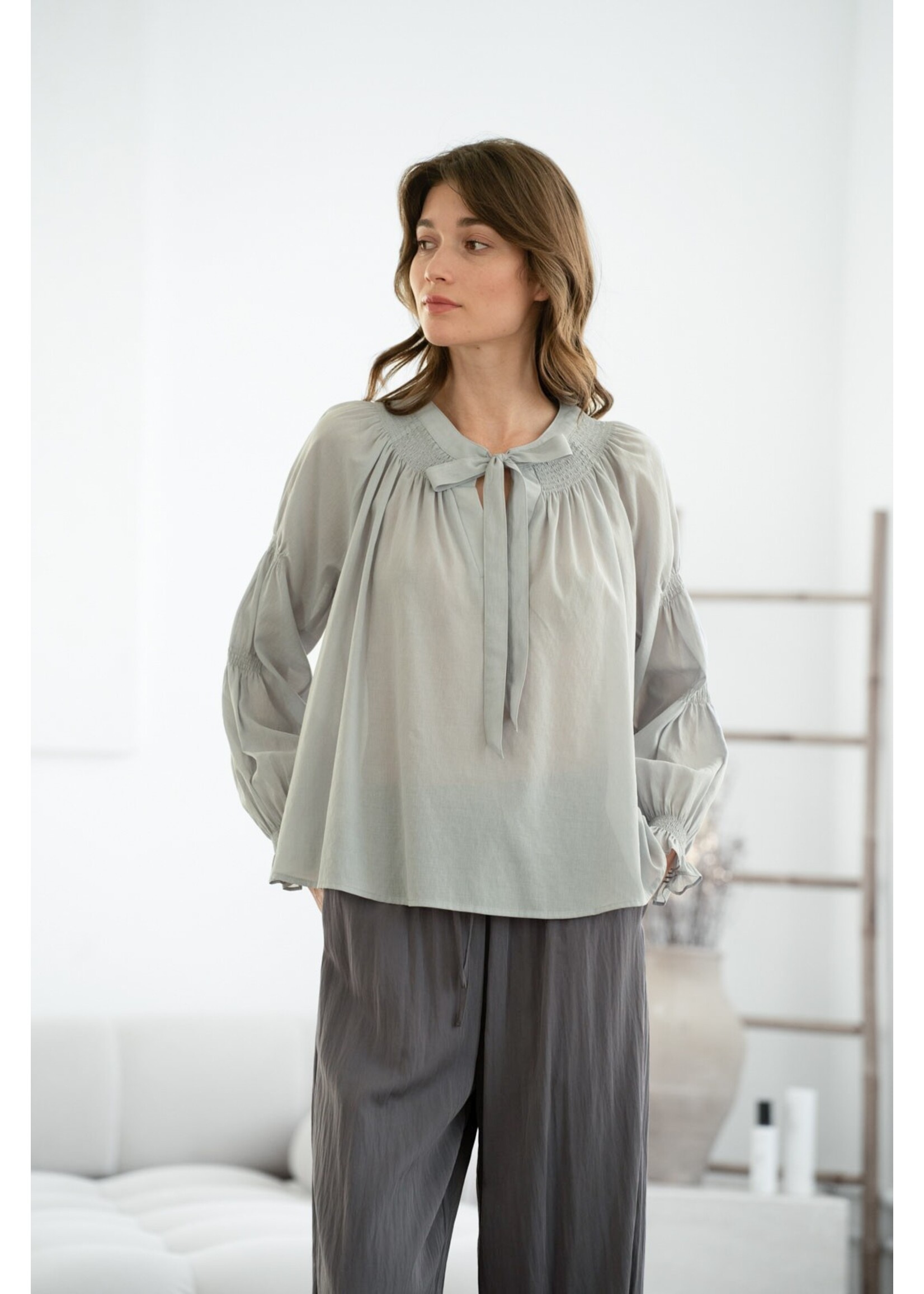 elle grey Flowy Gathered Detailed Neckline Blouse - 1405ETC