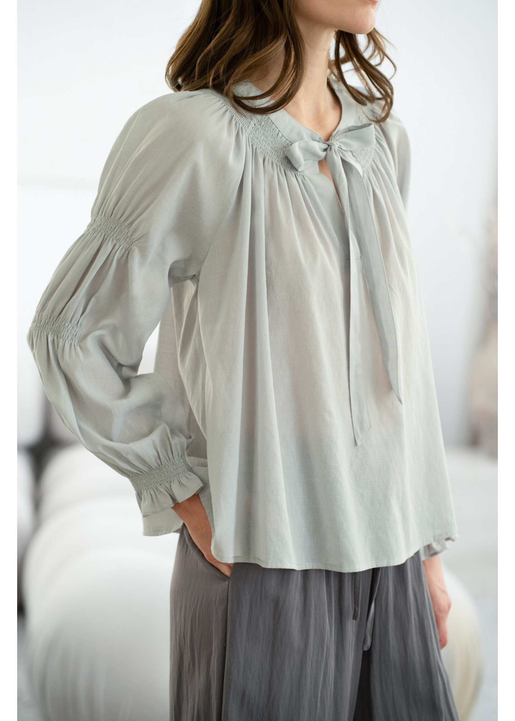 elle grey Flowy Gathered Detailed Neckline Blouse - 1405ETC