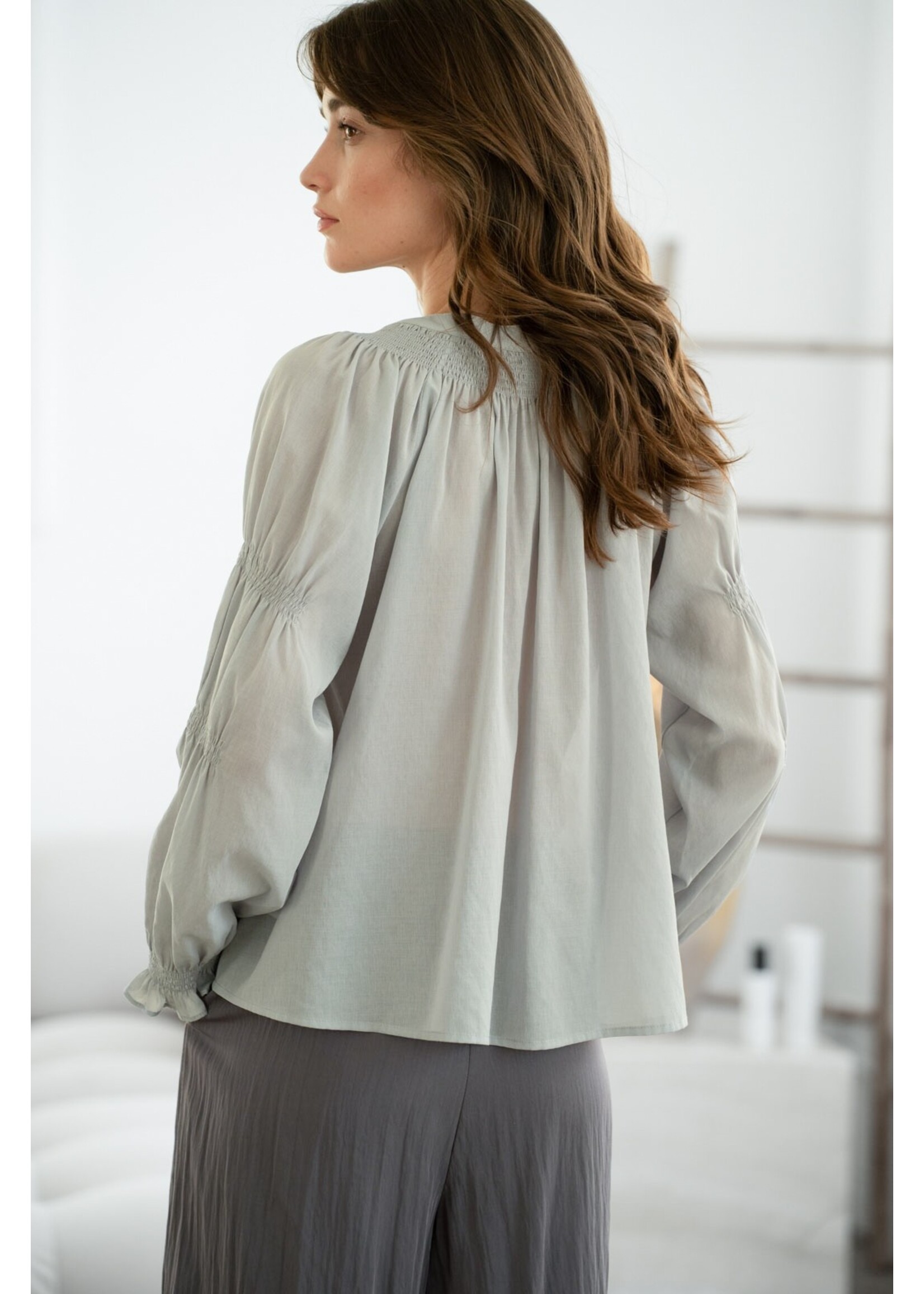 elle grey Flowy Gathered Detailed Neckline Blouse - 1405ETC