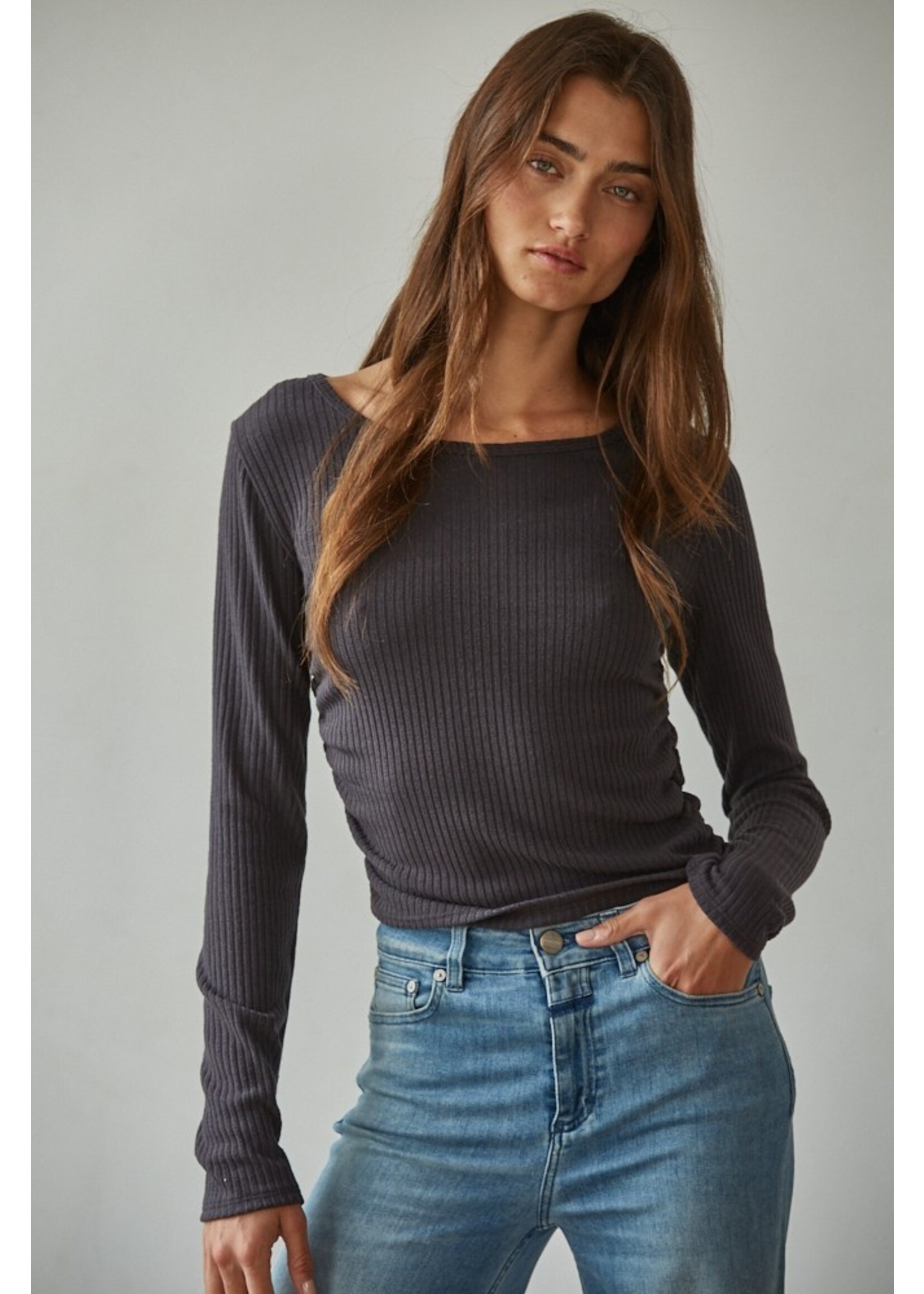 By Together Side Ruched Ribbed Long Sleeve Top - RJ3507