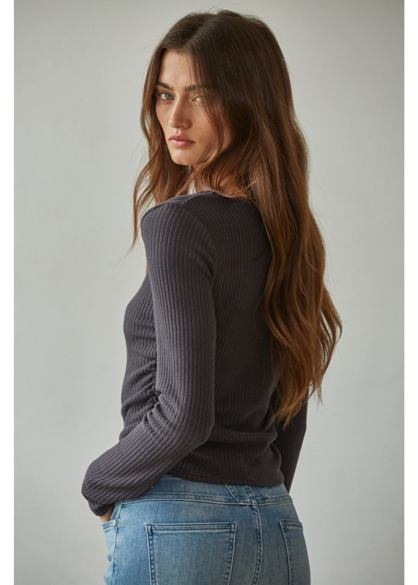 By Together Side Ruched Ribbed Long Sleeve Top - RJ3507