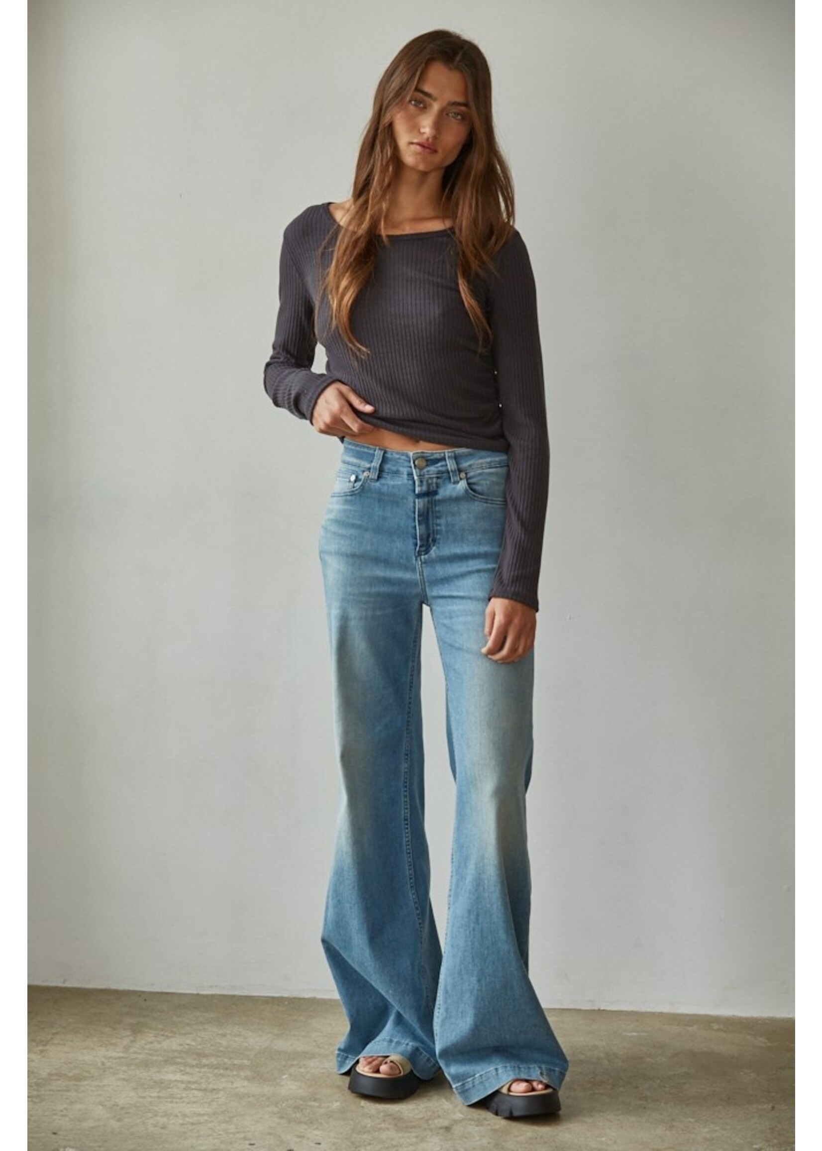 By Together Side Ruched Ribbed Long Sleeve Top - RJ3507