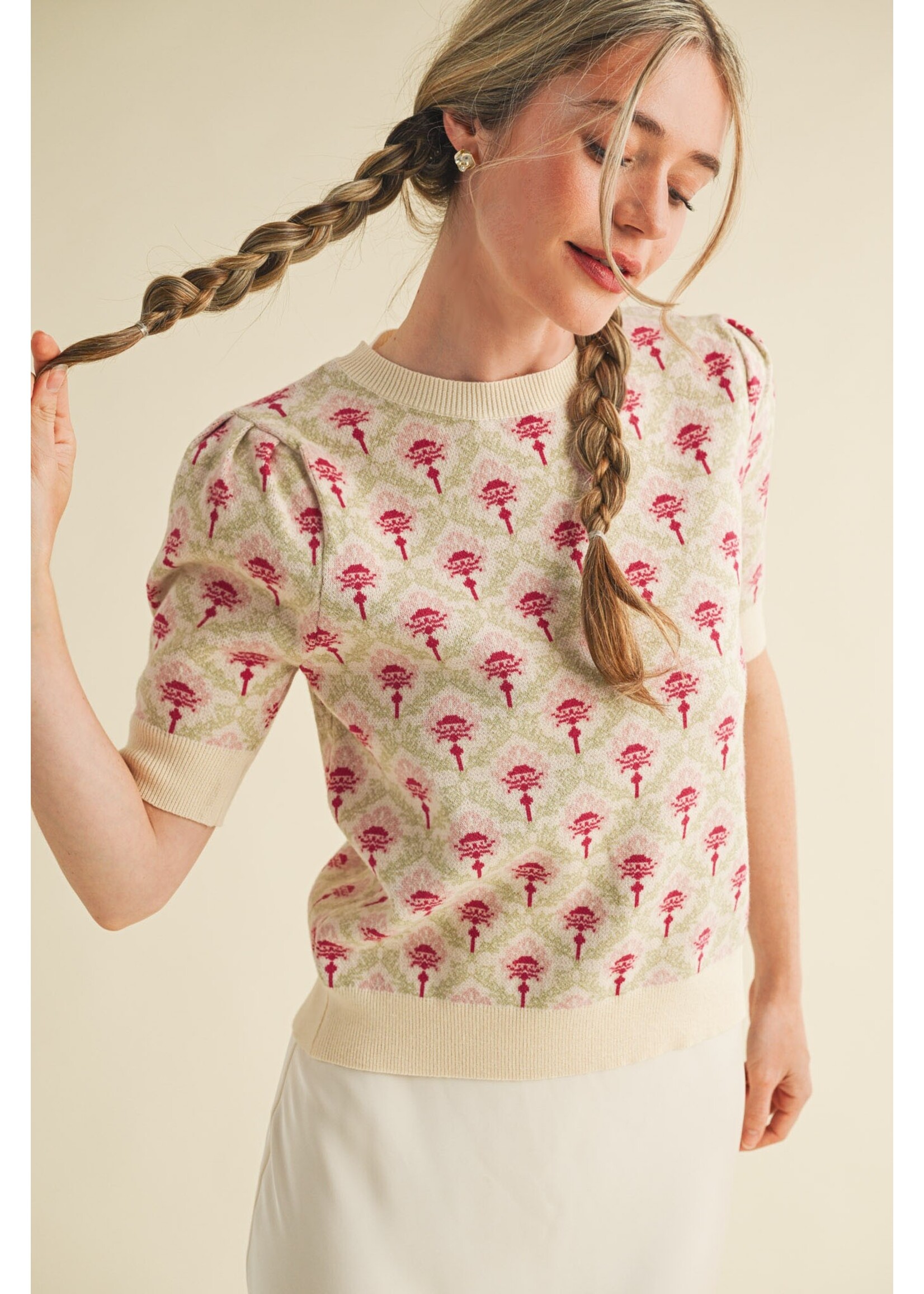 &Merci Floral Pattern Short Sleeve Sweater - MSW10860