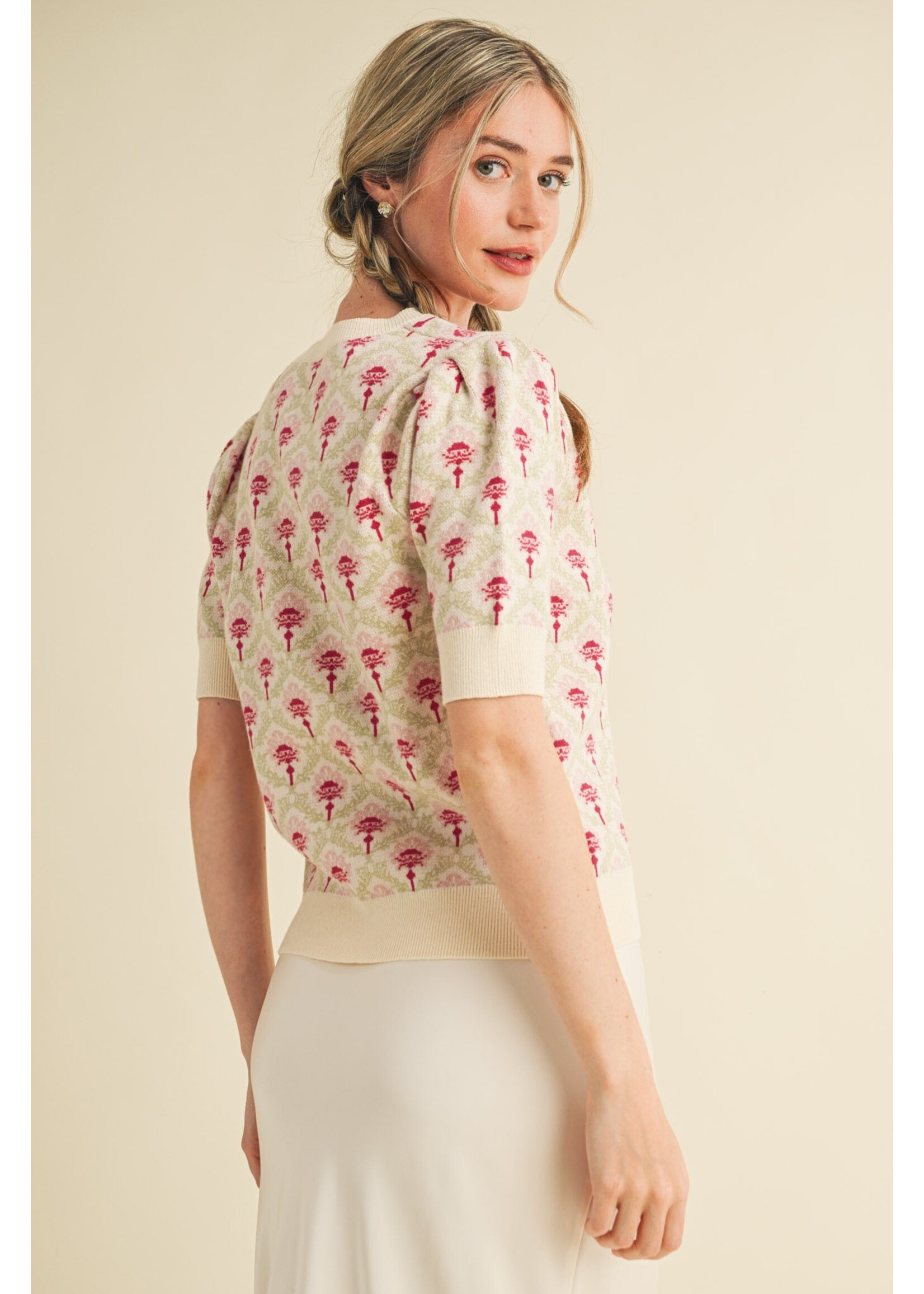 &Merci Floral Pattern Short Sleeve Sweater - MSW10860