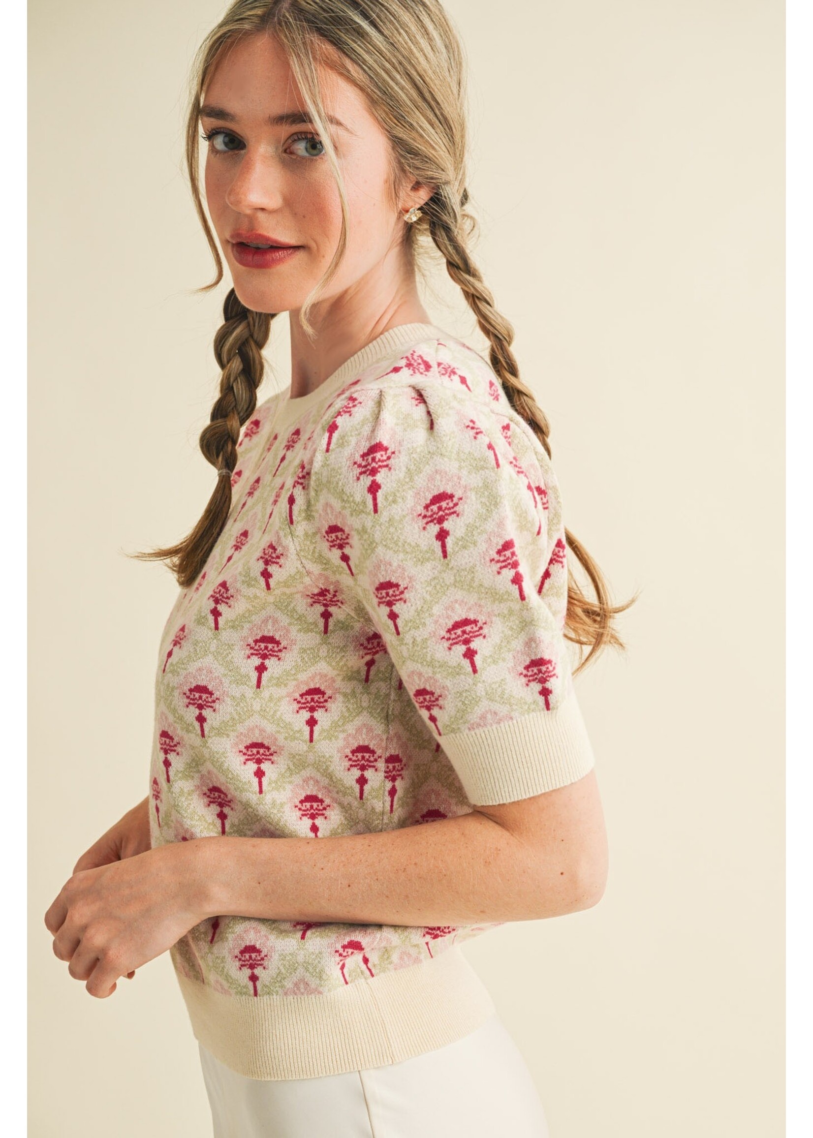 &Merci Floral Pattern Short Sleeve Sweater - MSW10860