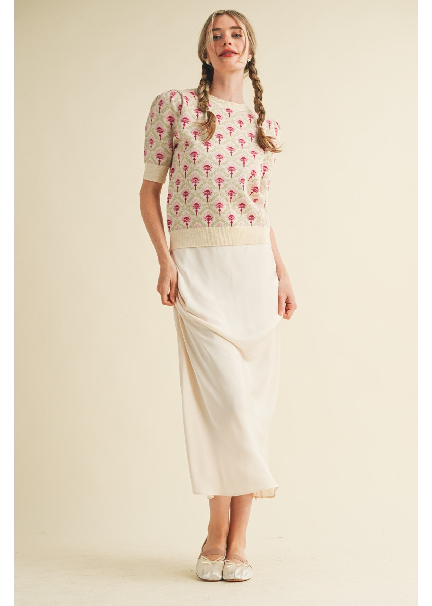 &Merci Floral Pattern Short Sleeve Sweater - MSW10860