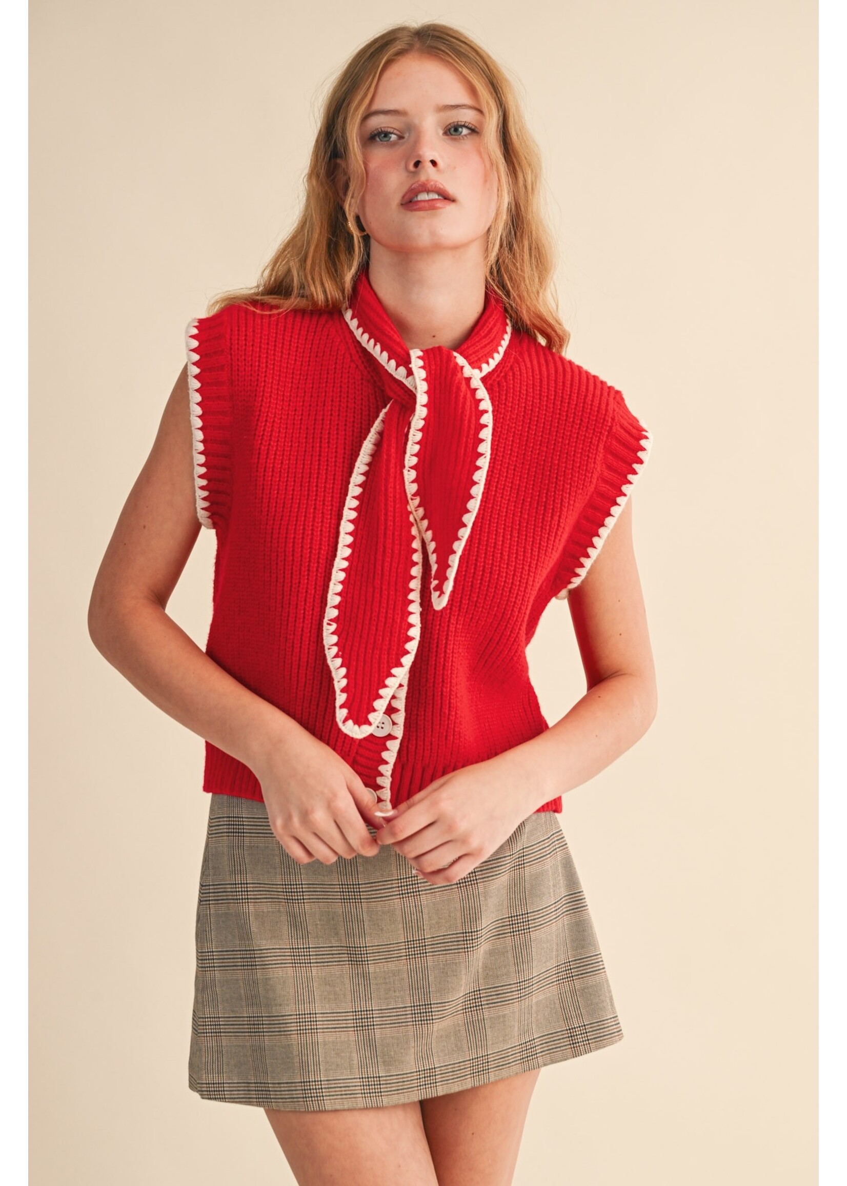 &Merci Tie Neck Sweater Vest With Contrast Blanket Stitch - MSW11059