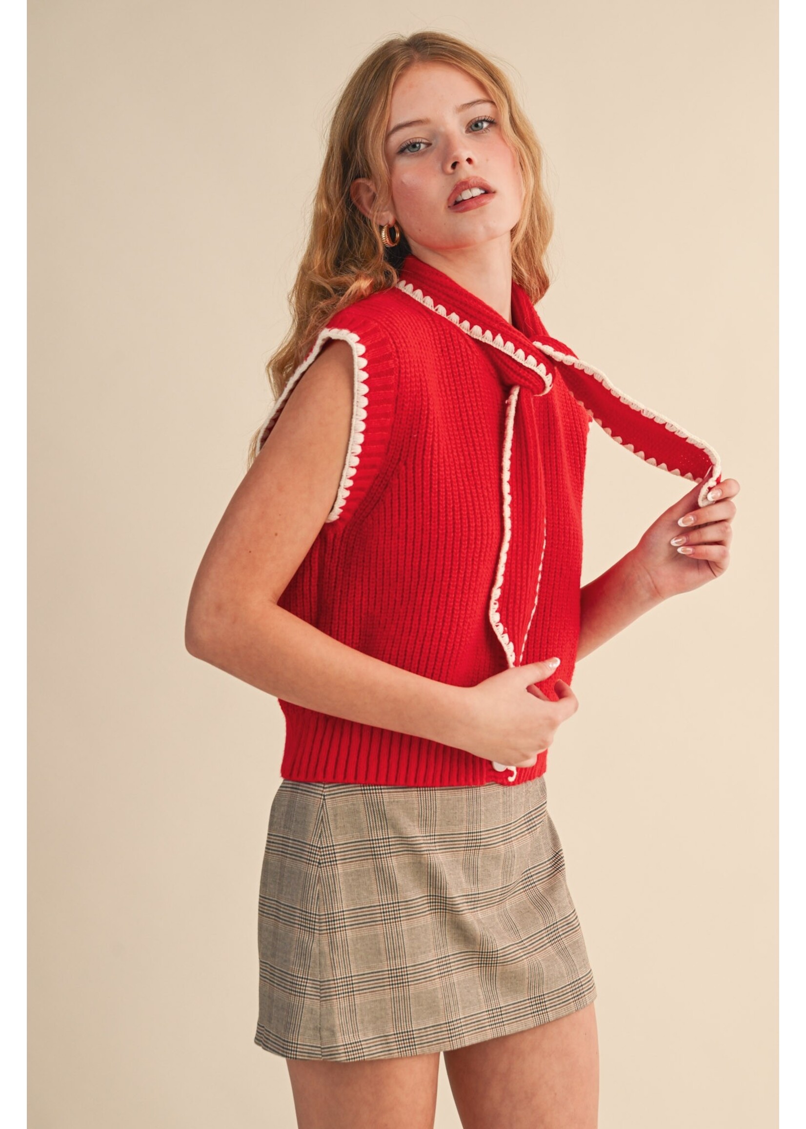 &Merci Tie Neck Sweater Vest With Contrast Blanket Stitch - MSW11059