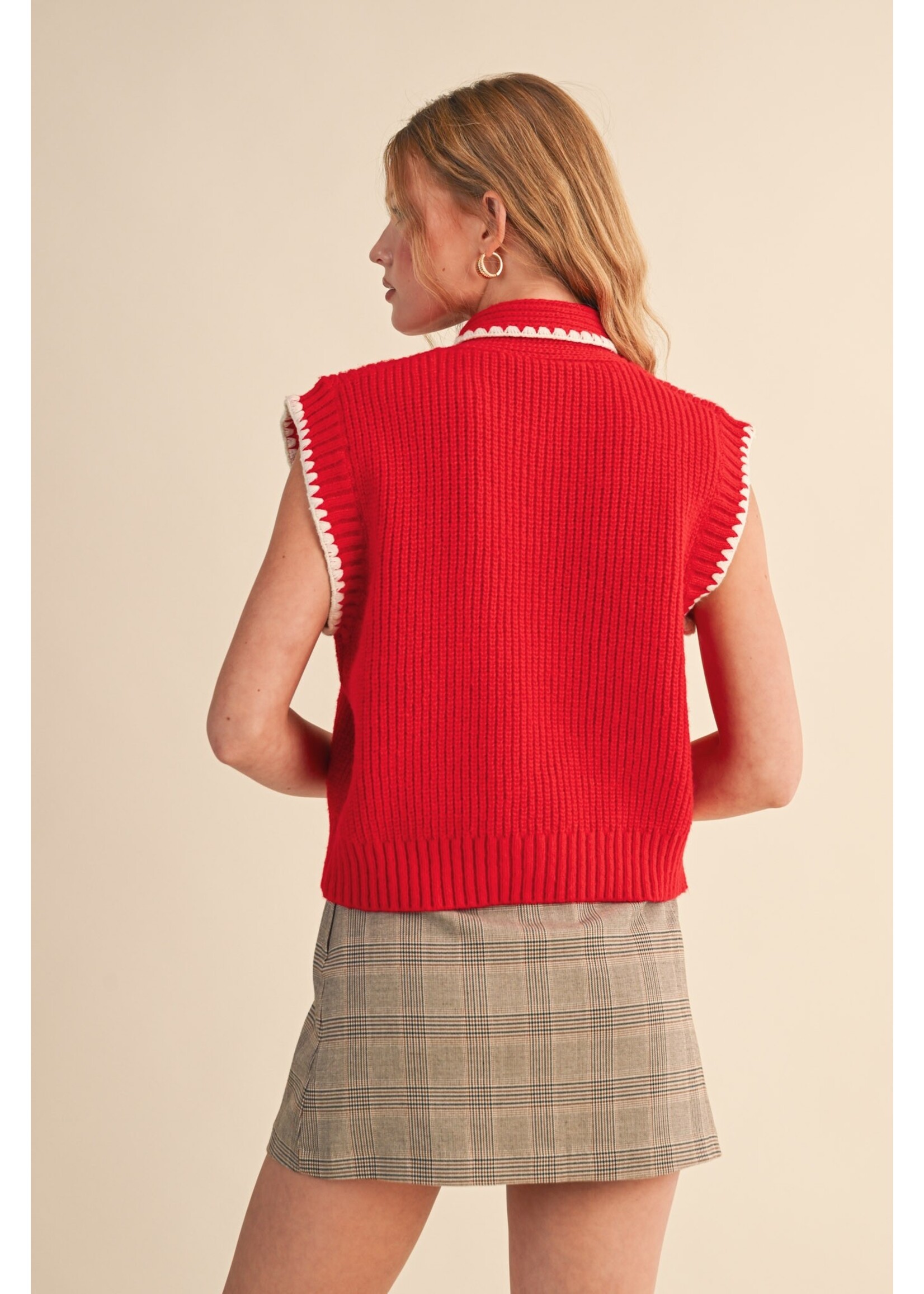&Merci Tie Neck Sweater Vest With Contrast Blanket Stitch - MSW11059