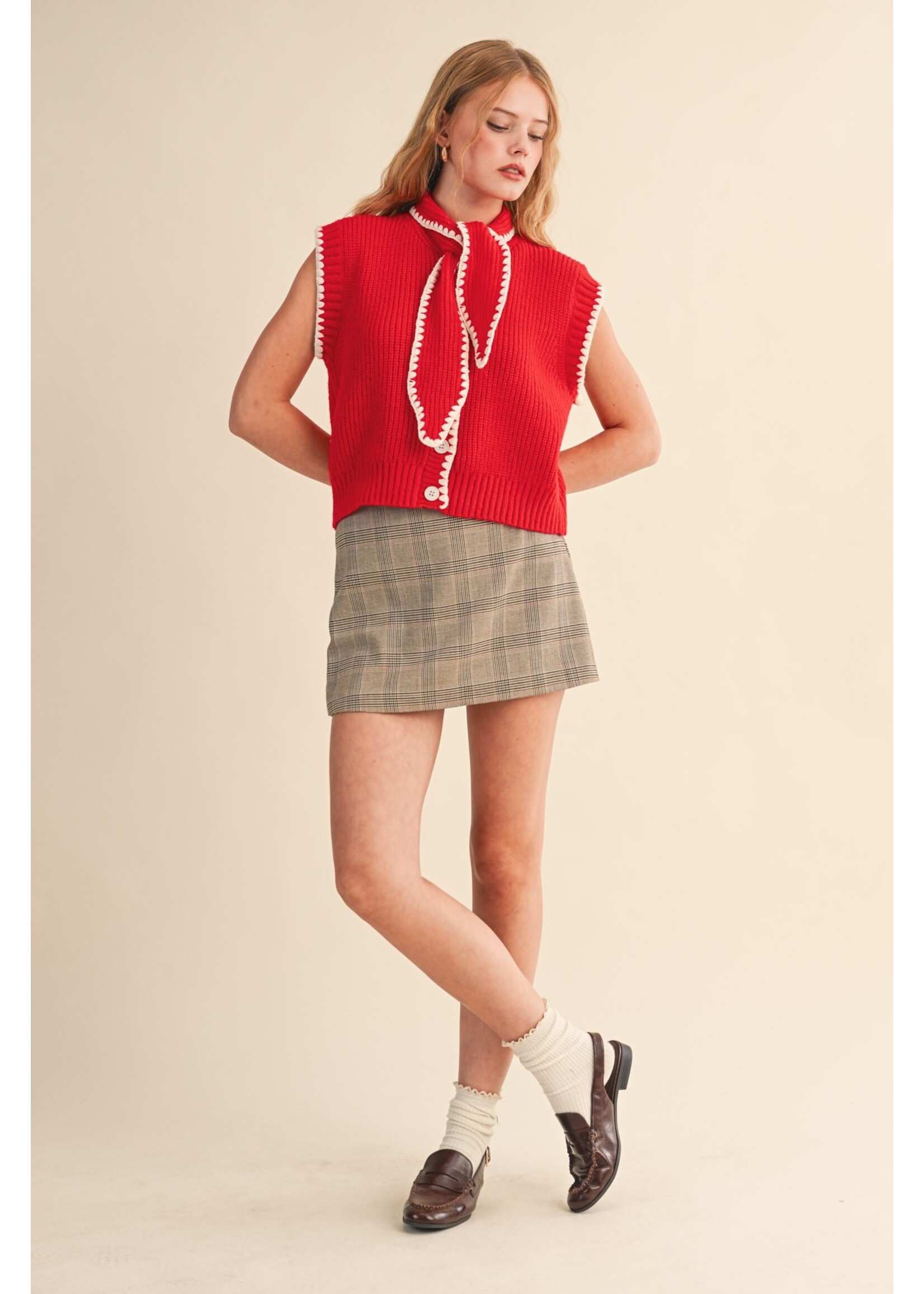 &Merci Tie Neck Sweater Vest With Contrast Blanket Stitch - MSW11059