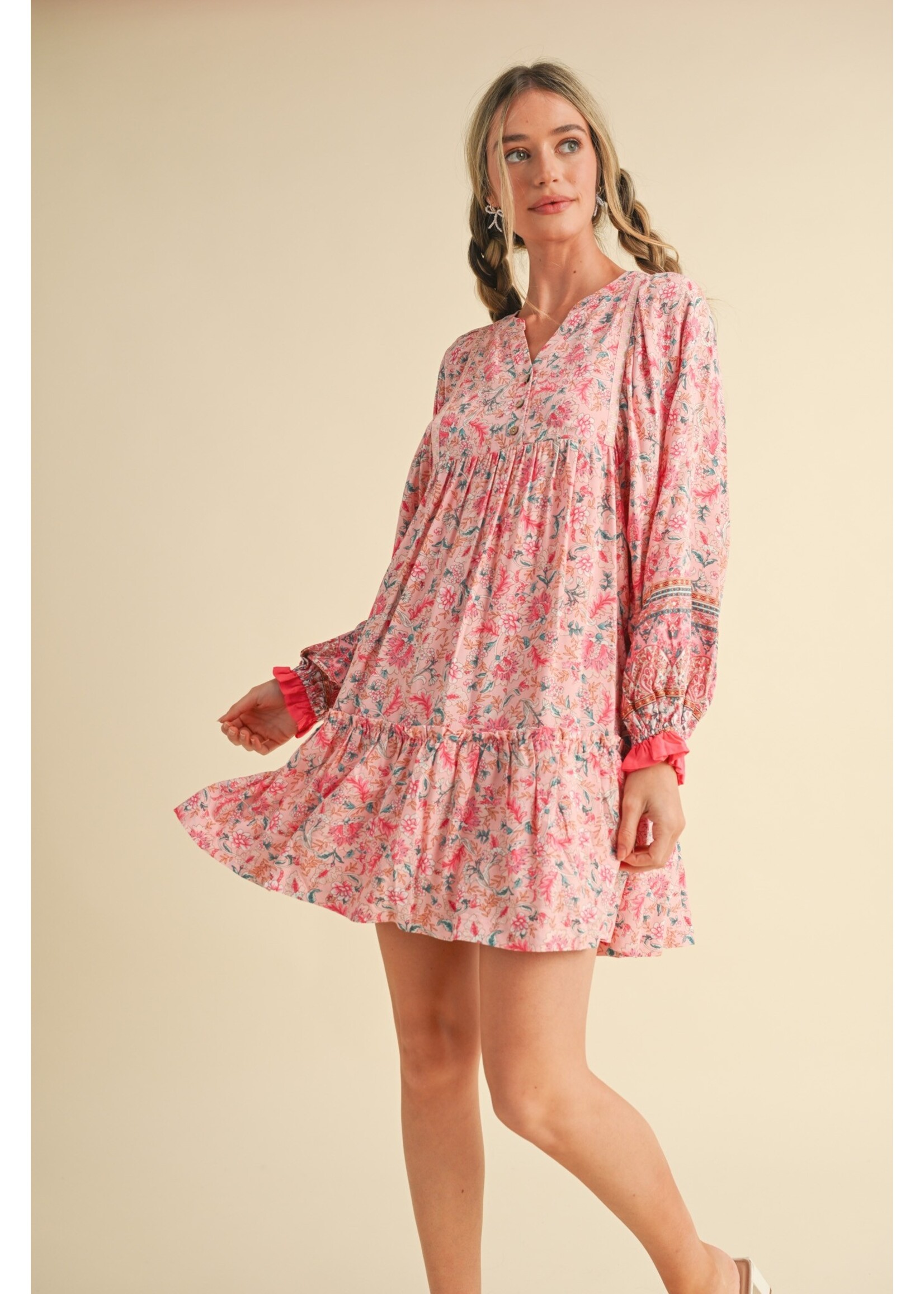&Merci Border Print Puff Sleeve Babydoll Dress - MDR3490