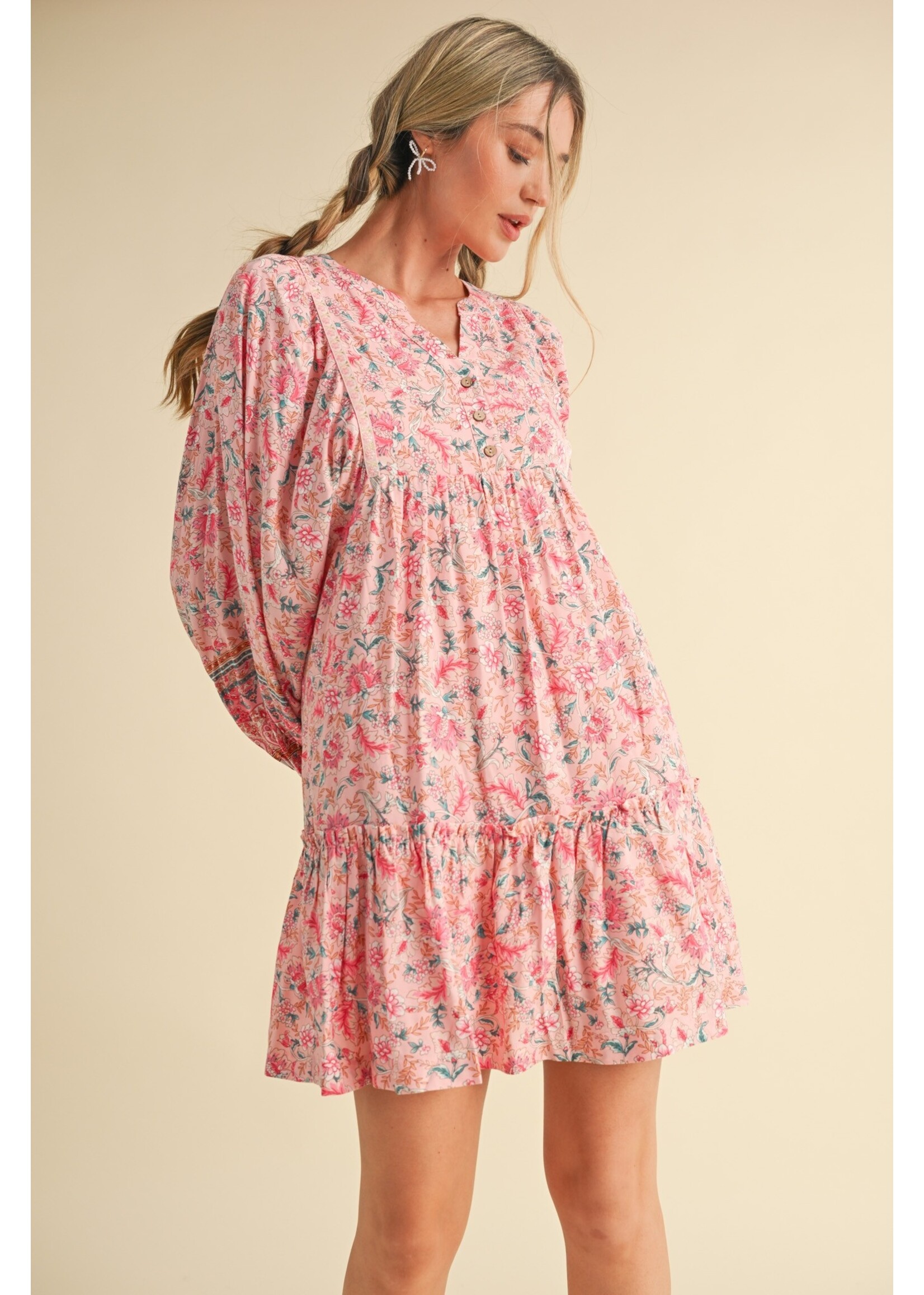 &Merci Border Print Puff Sleeve Babydoll Dress - MDR3490