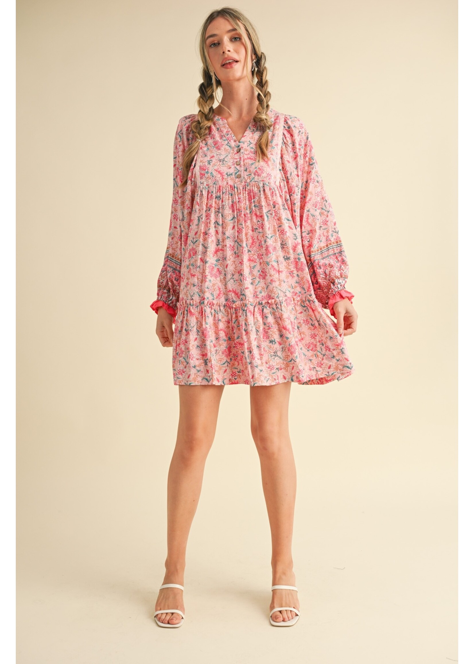 &Merci Border Print Puff Sleeve Babydoll Dress - MDR3490