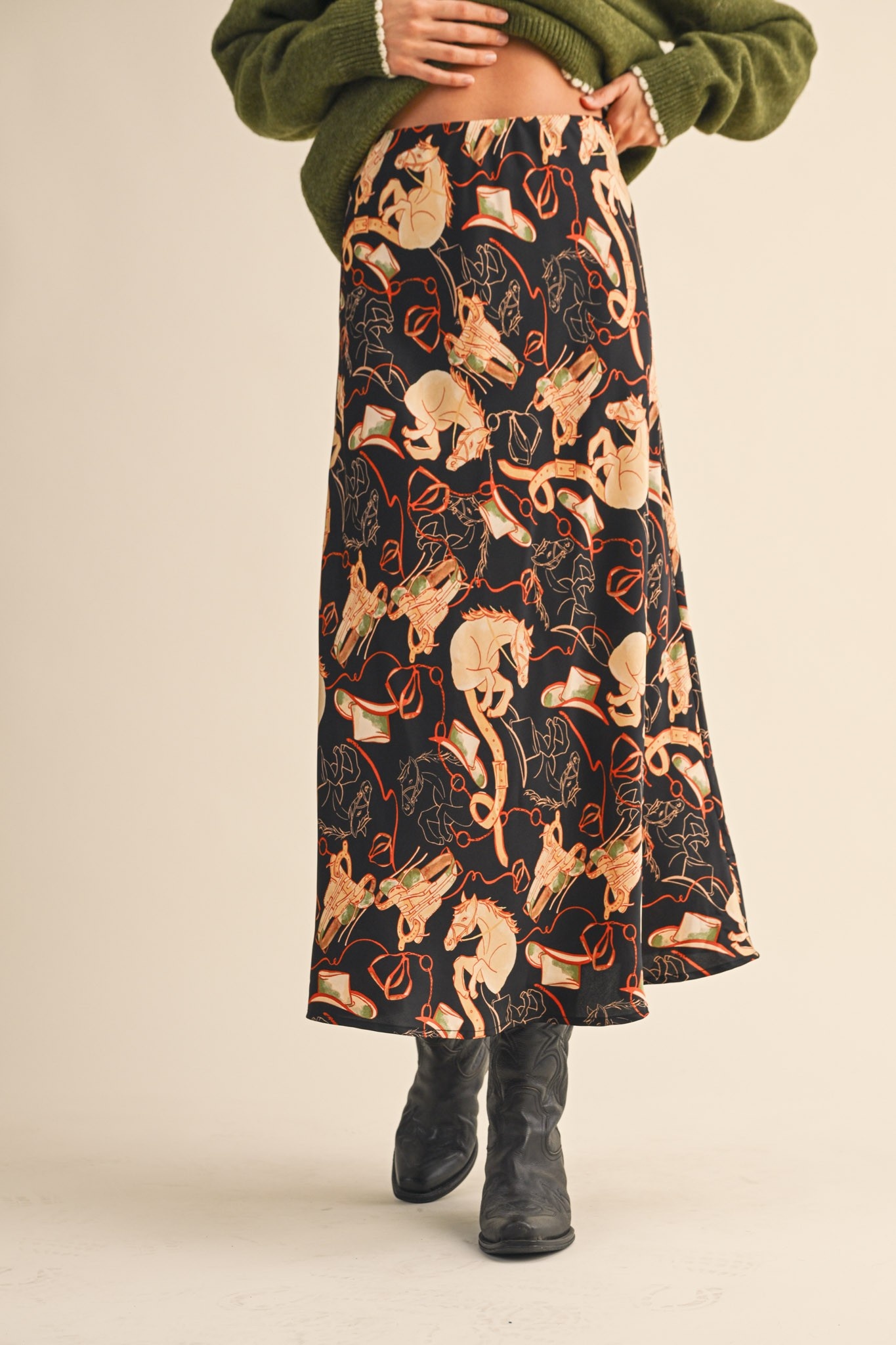 Exclusive Western Print Satin Midi Slip Skirt - MSK4170 - Meo's Suite