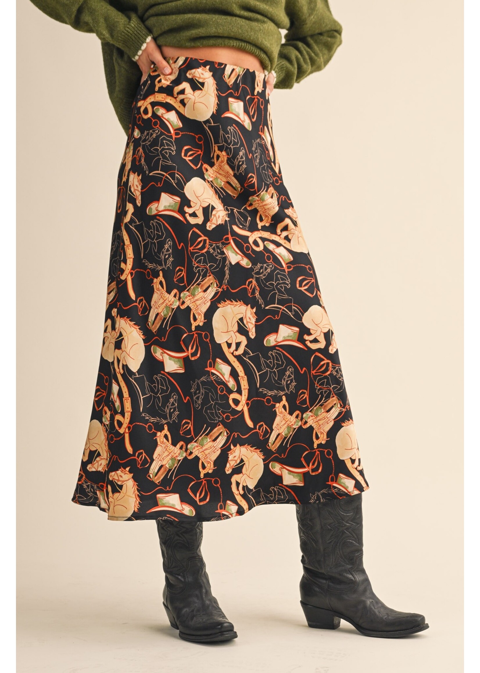 &Merci Exclusive Western Print Satin Midi Slip Skirt - MSK4170
