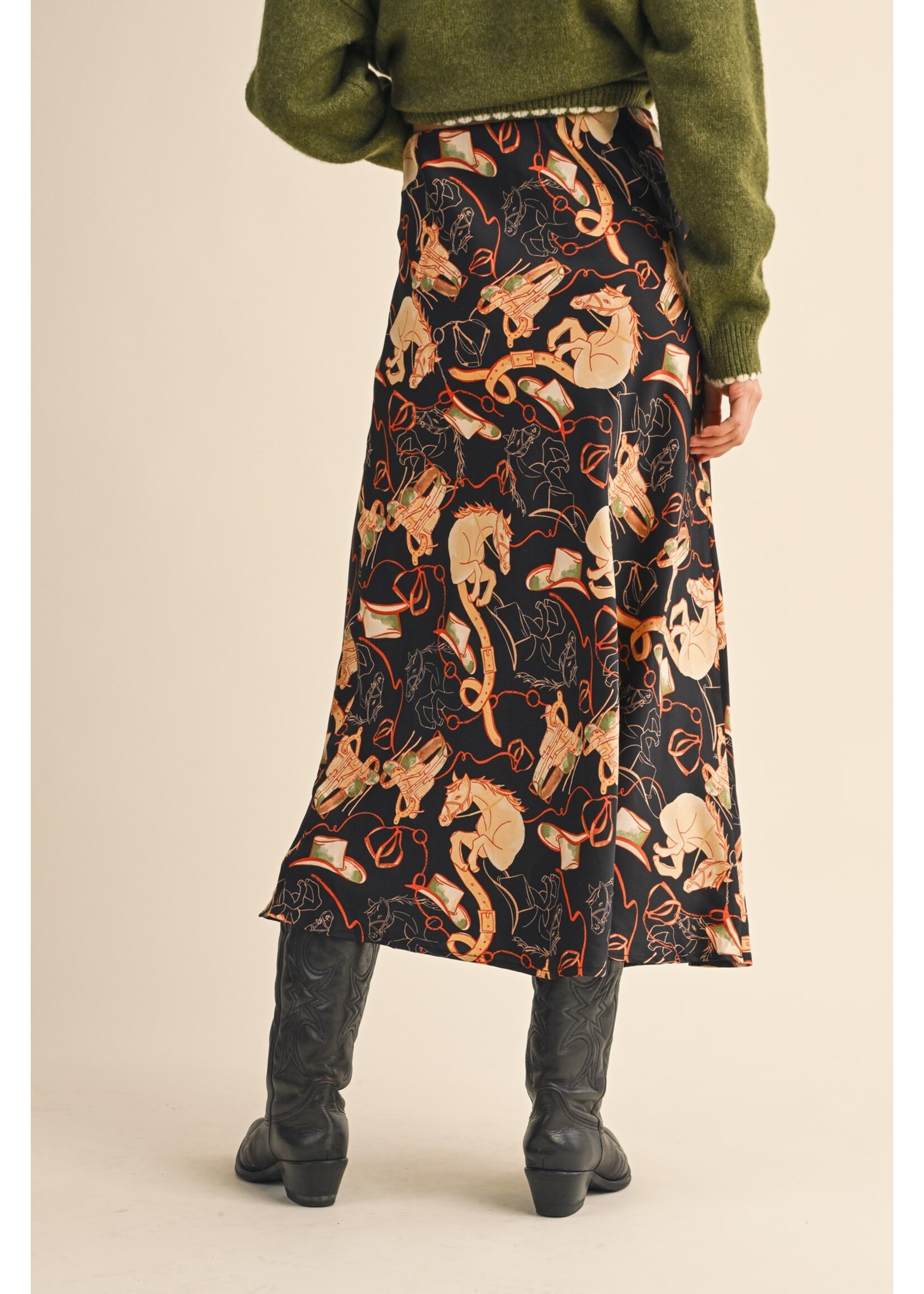&Merci Exclusive Western Print Satin Midi Slip Skirt - MSK4170
