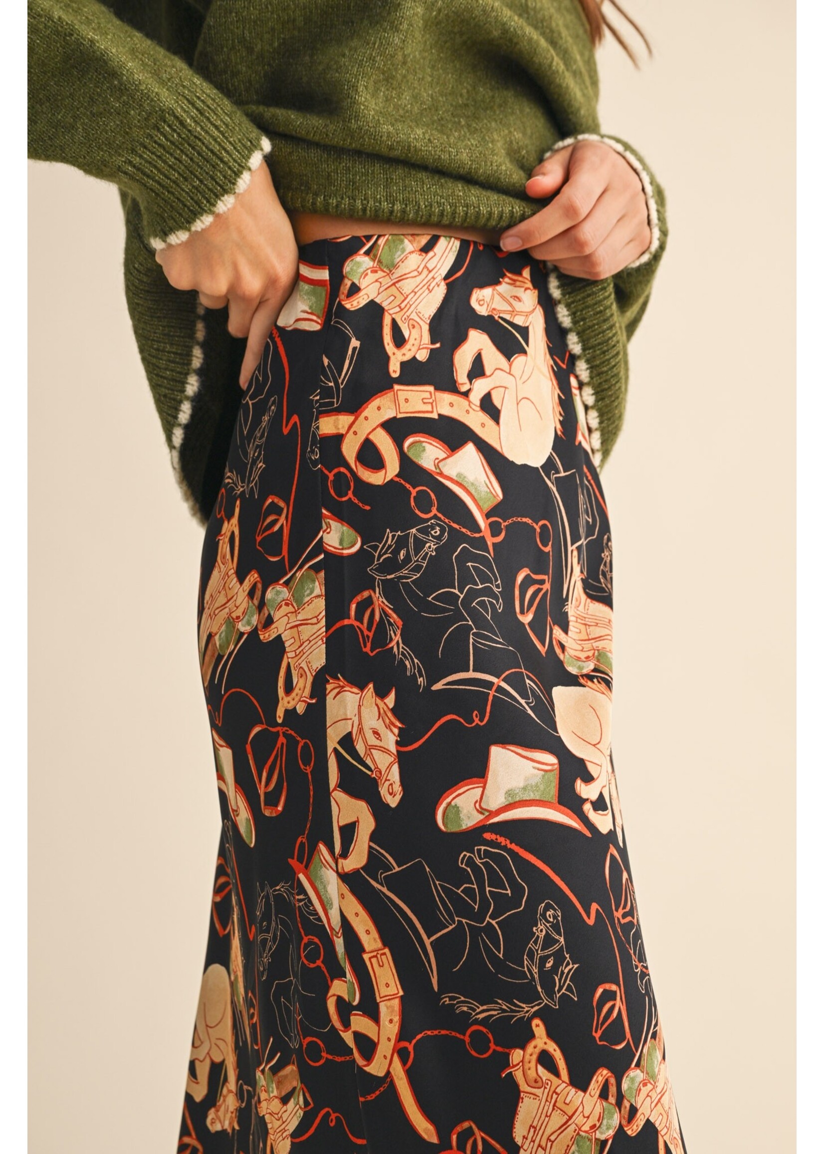 &Merci Exclusive Western Print Satin Midi Slip Skirt - MSK4170