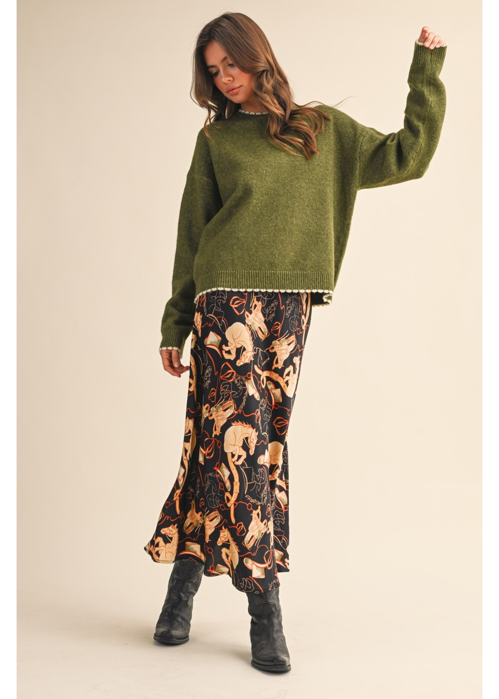 &Merci Exclusive Western Print Satin Midi Slip Skirt - MSK4170