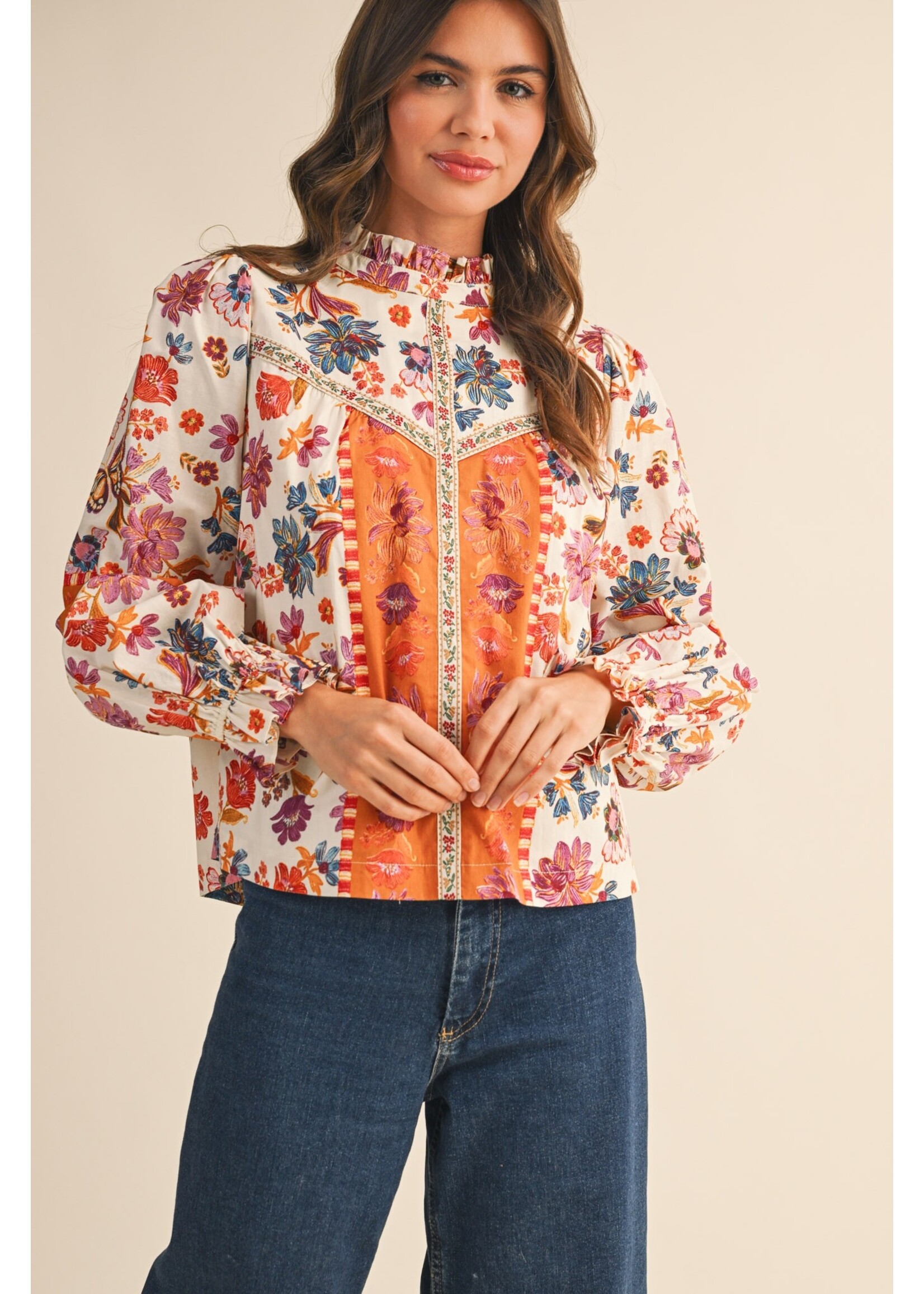 &Merci Exclusive Floral Border Print Top With Floral Trim - MTP4097