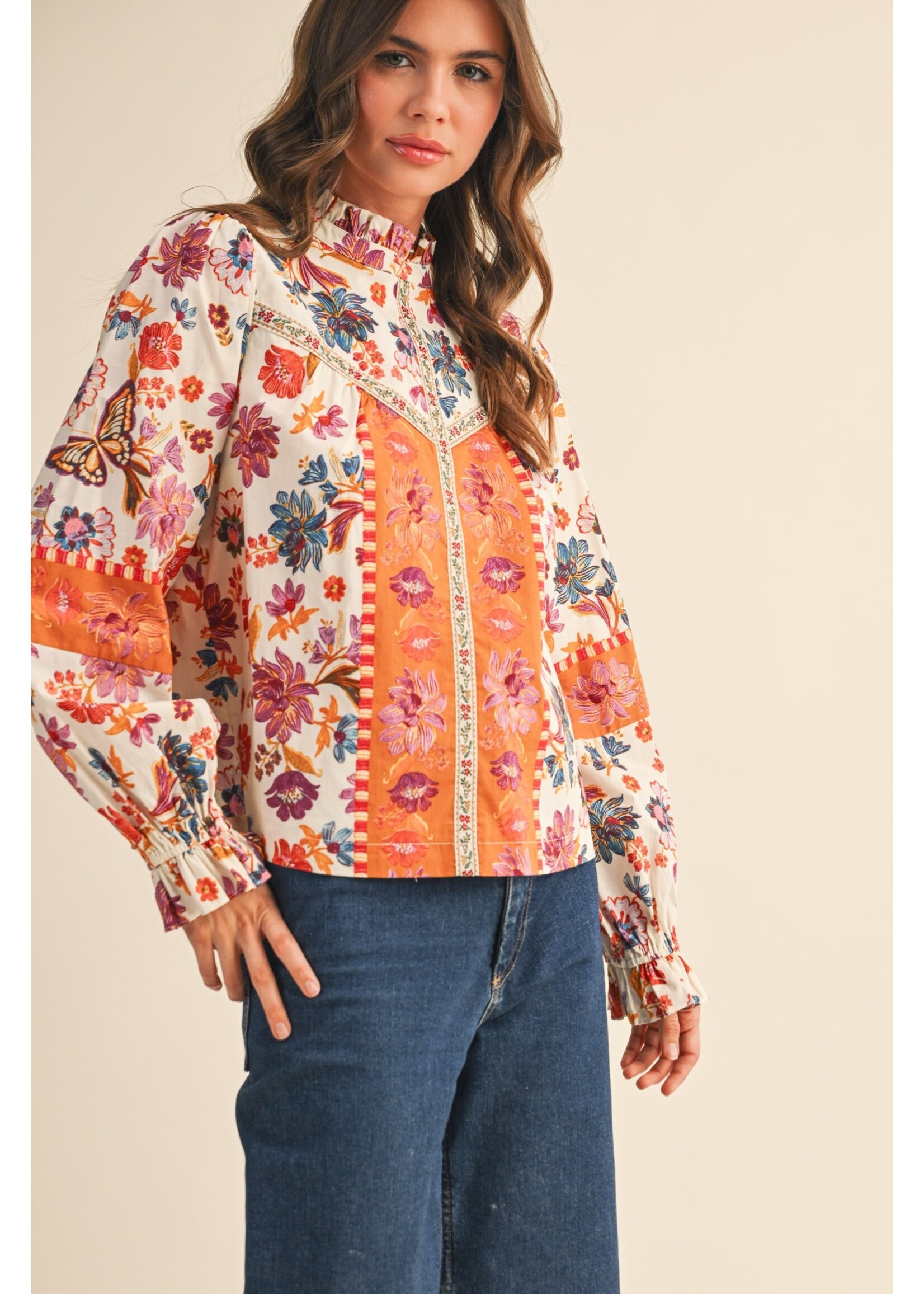 &Merci Exclusive Floral Border Print Top With Floral Trim - MTP4097