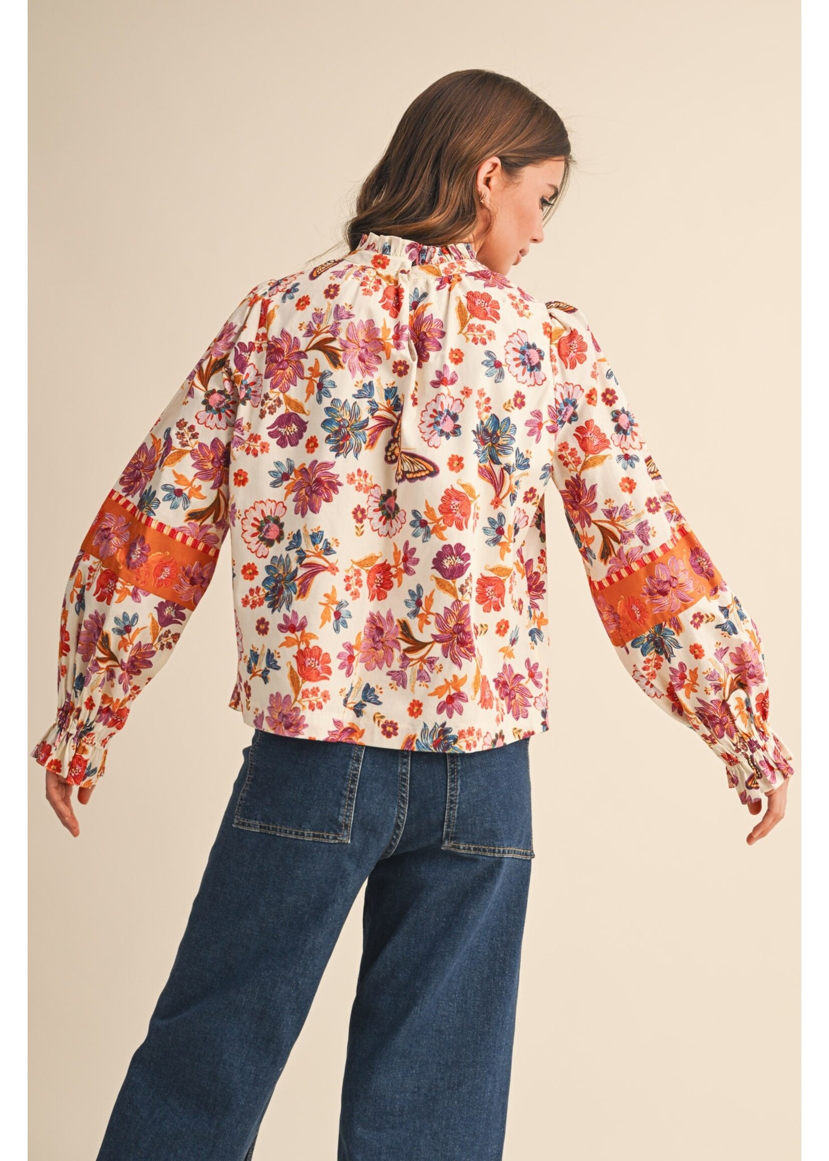 &Merci Exclusive Floral Border Print Top With Floral Trim - MTP4097