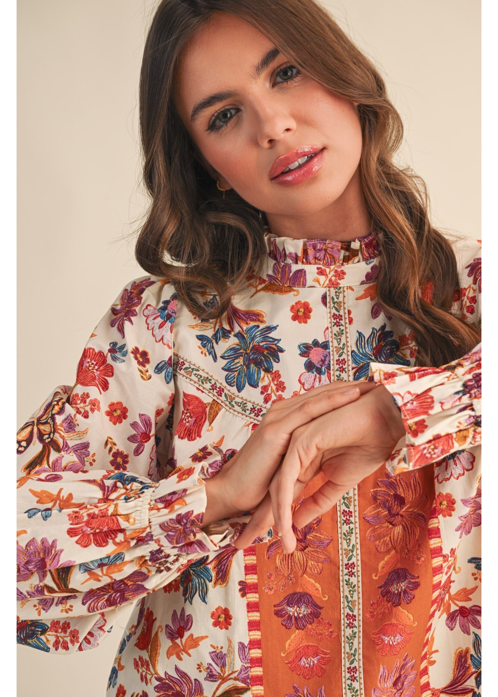 &Merci Exclusive Floral Border Print Top With Floral Trim - MTP4097