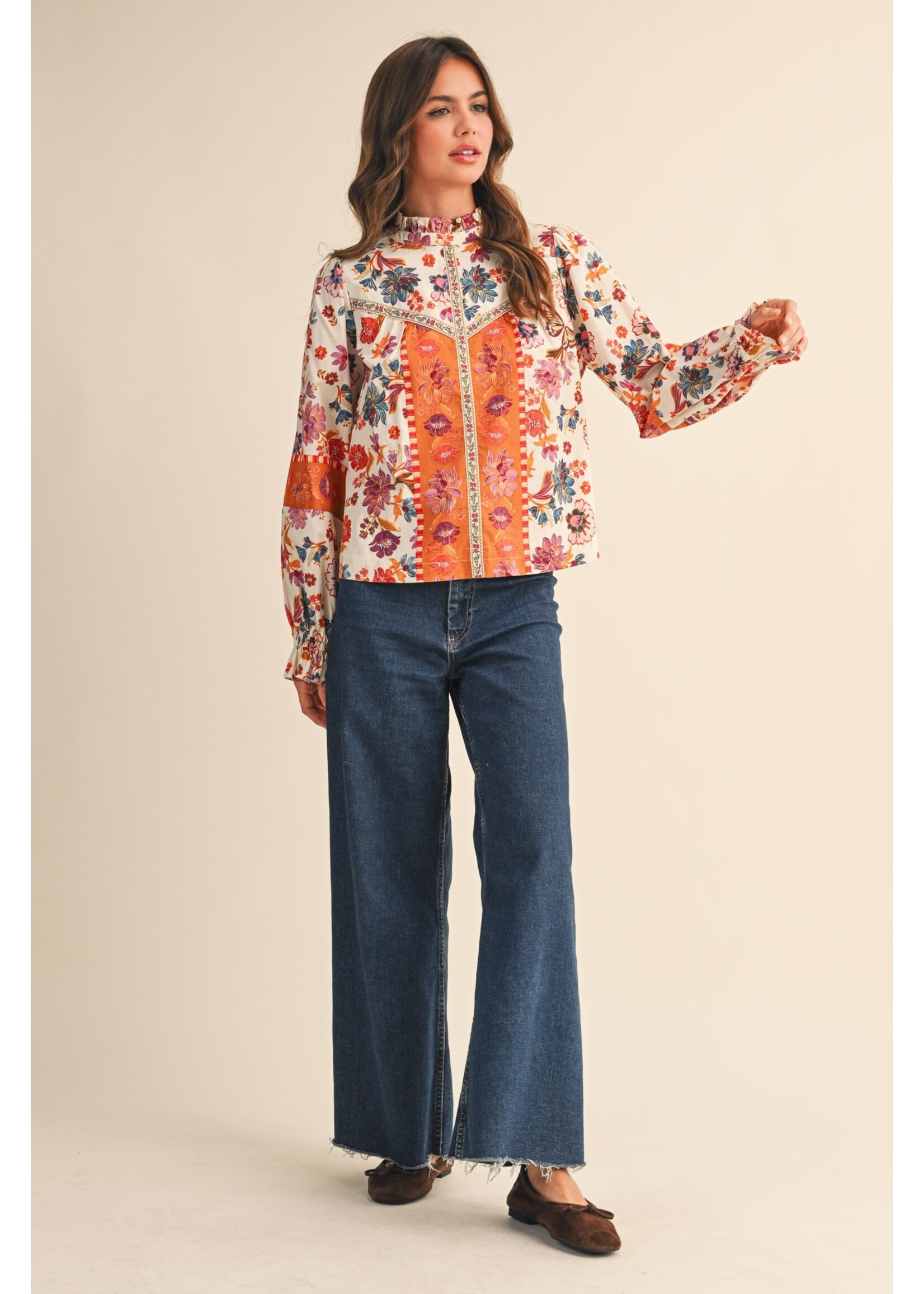 &Merci Exclusive Floral Border Print Top With Floral Trim - MTP4097