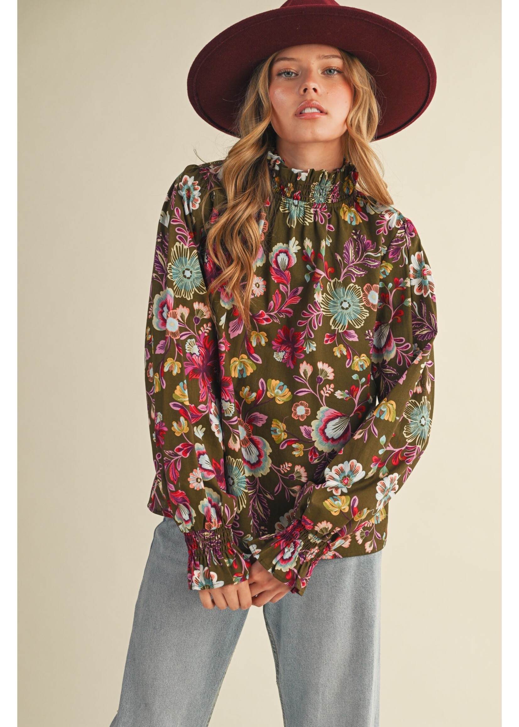 &Merci Exclusive Floral Print Ruffled Mock Neck Top - MTP4296