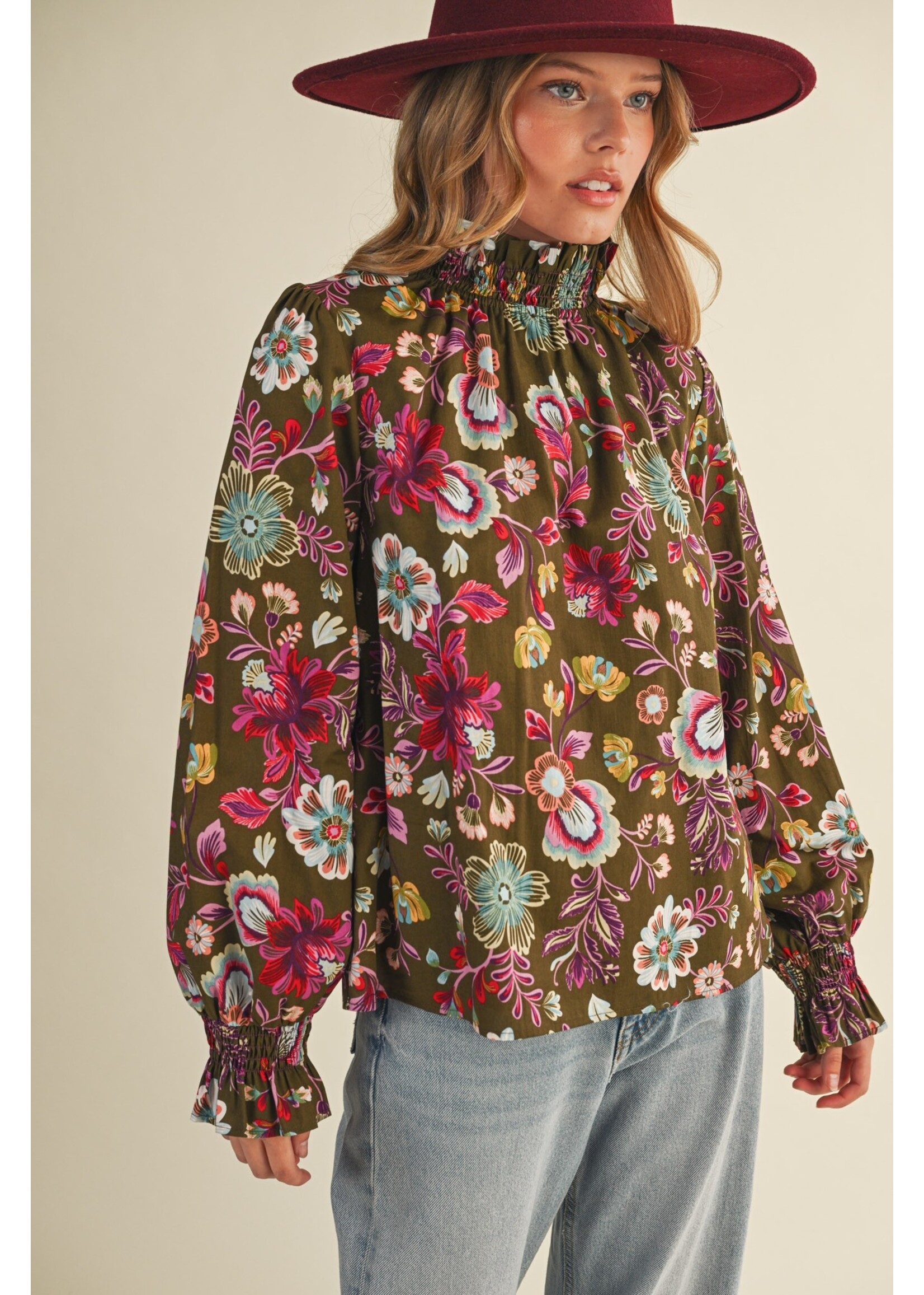&Merci Exclusive Floral Print Ruffled Mock Neck Top - MTP4296