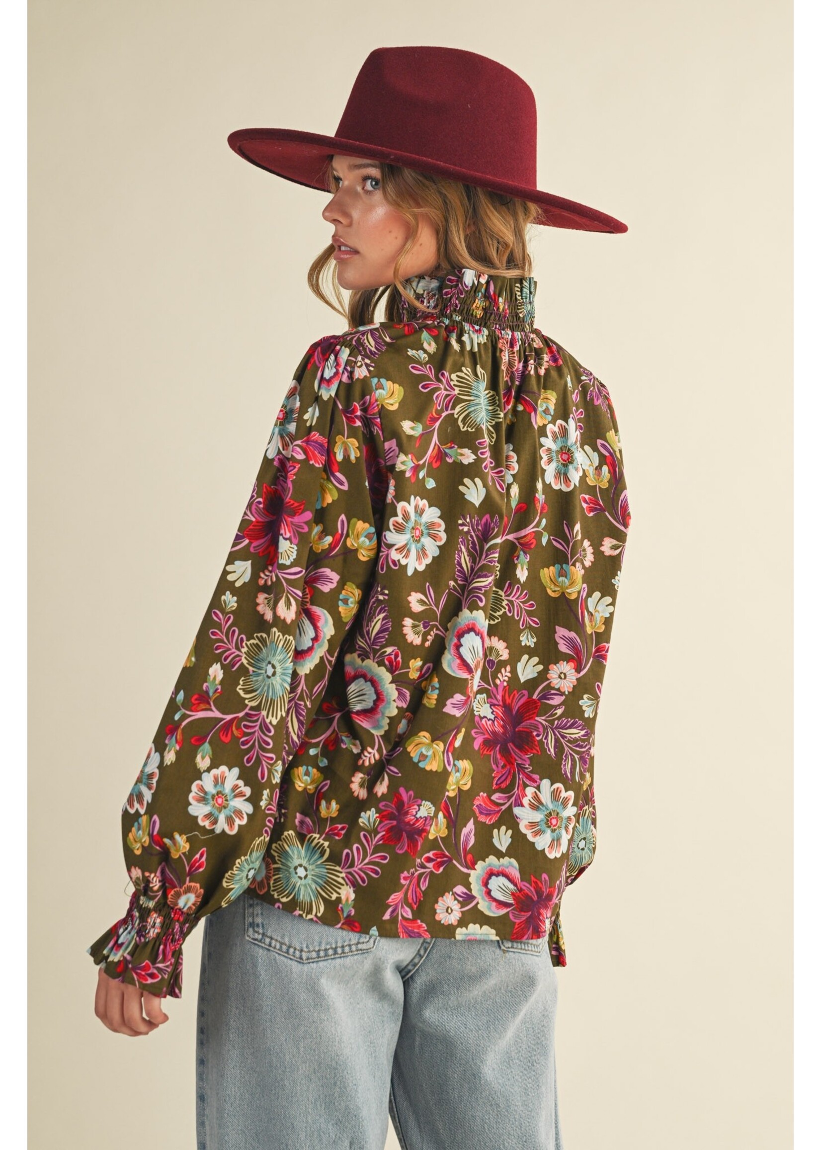 &Merci Exclusive Floral Print Ruffled Mock Neck Top - MTP4296