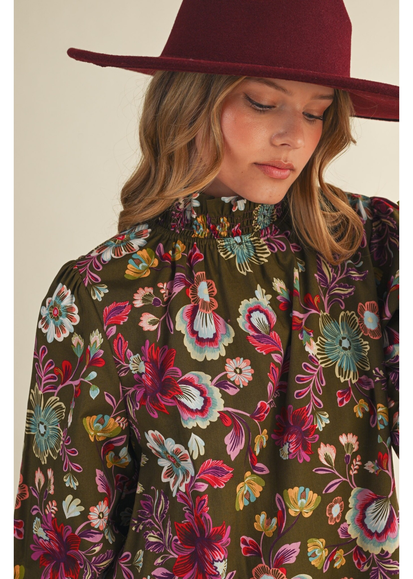 &Merci Exclusive Floral Print Ruffled Mock Neck Top - MTP4296