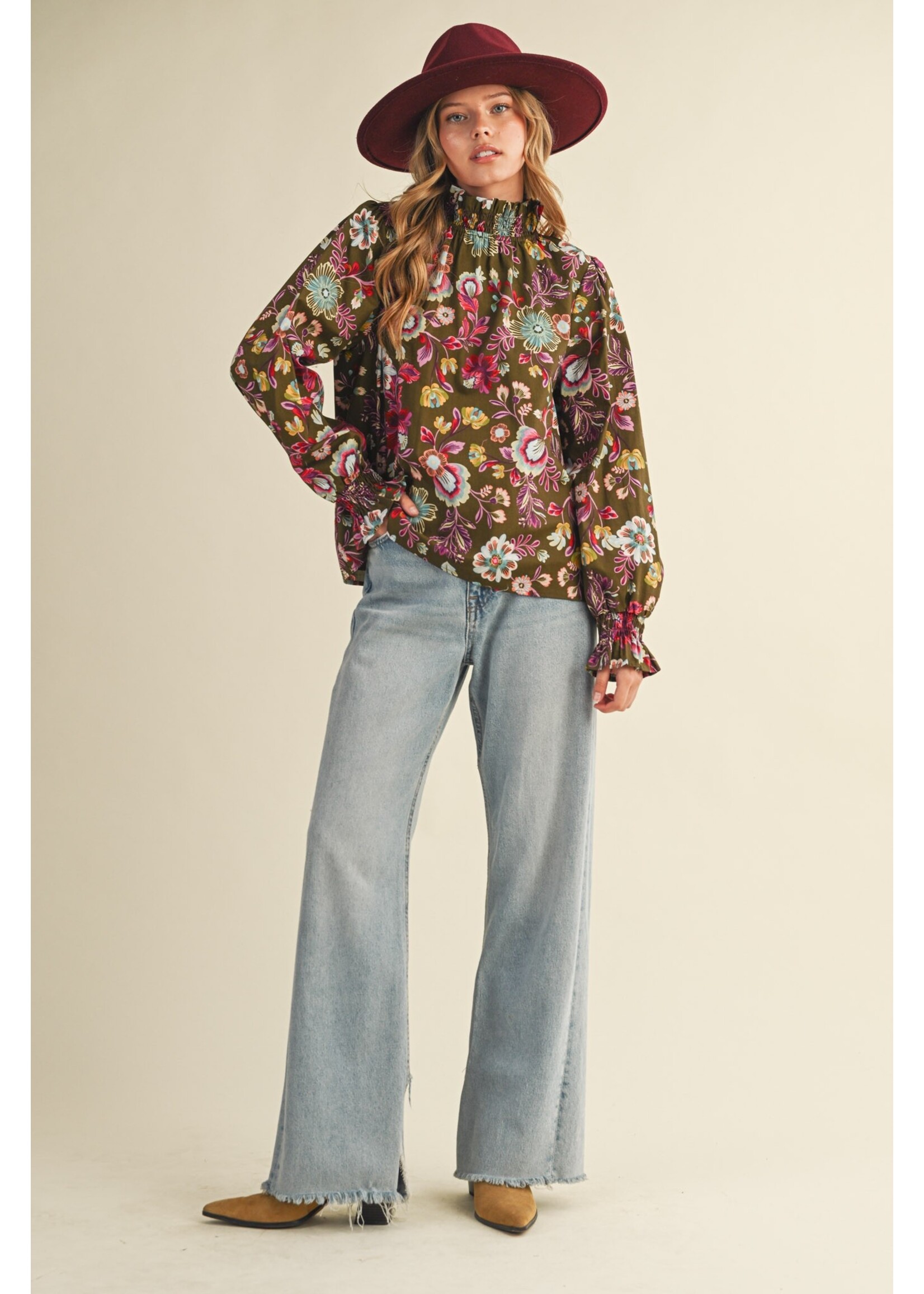 &Merci Exclusive Floral Print Ruffled Mock Neck Top - MTP4296