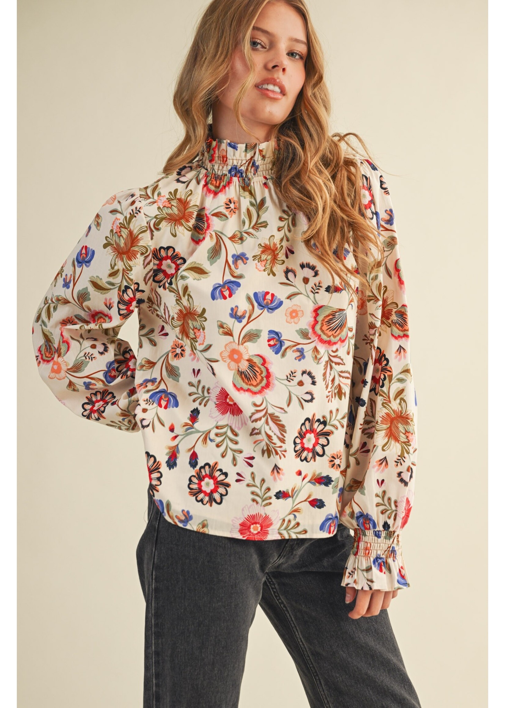 &Merci Exclusive Floral Print Ruffled Mock Neck Top - MTP4296