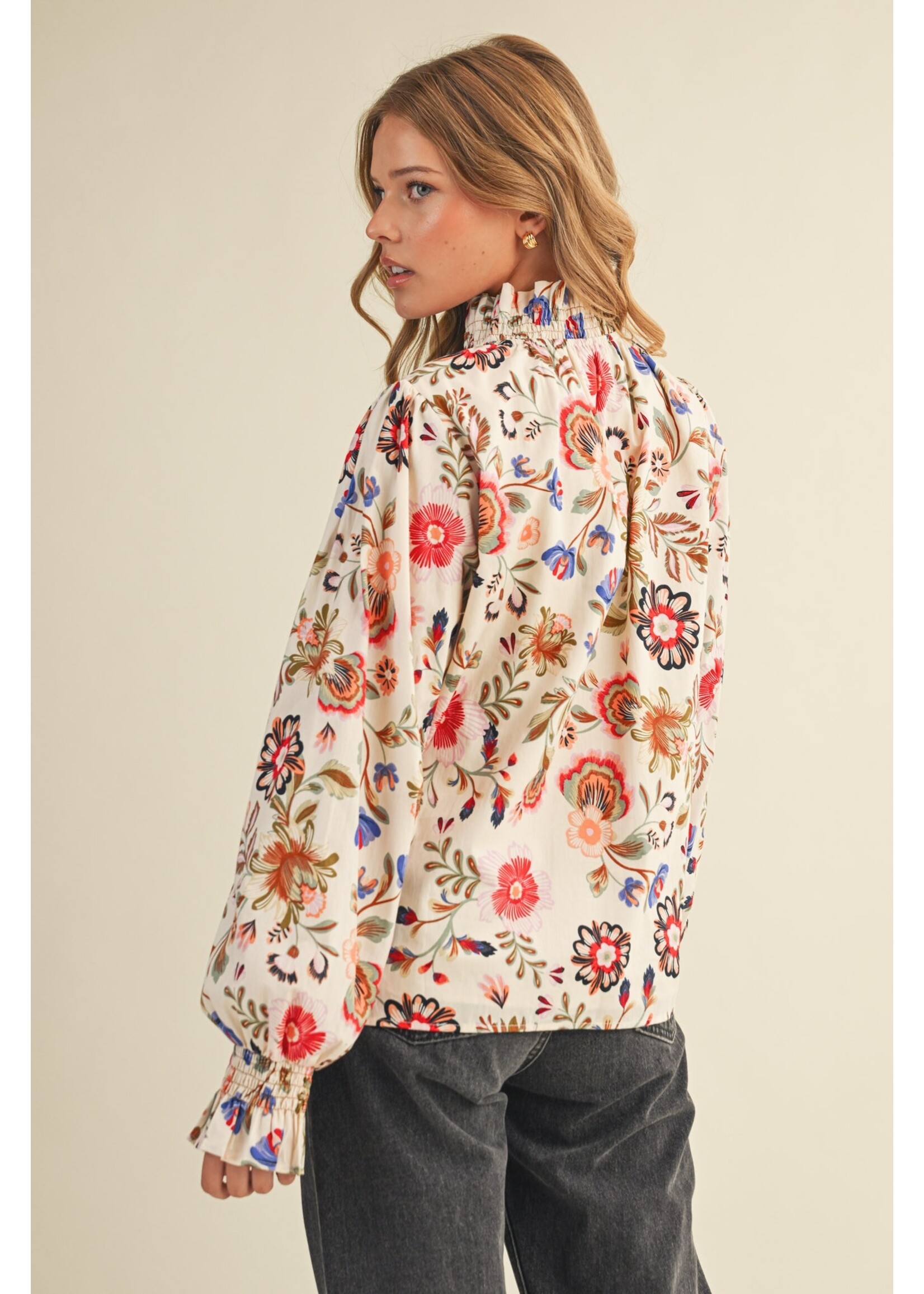 &Merci Exclusive Floral Print Ruffled Mock Neck Top - MTP4296