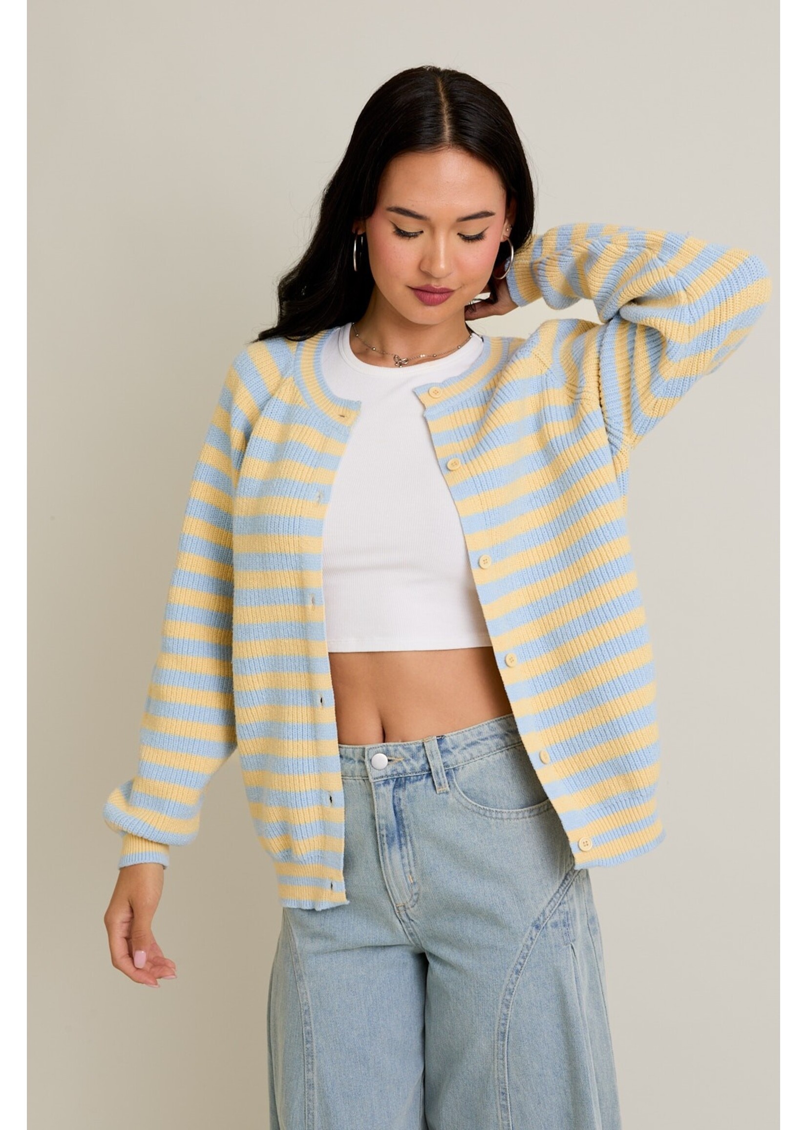 Le Lis Raglan Long Sleeve Crew Neck Striped Cardigan - IWJ5771