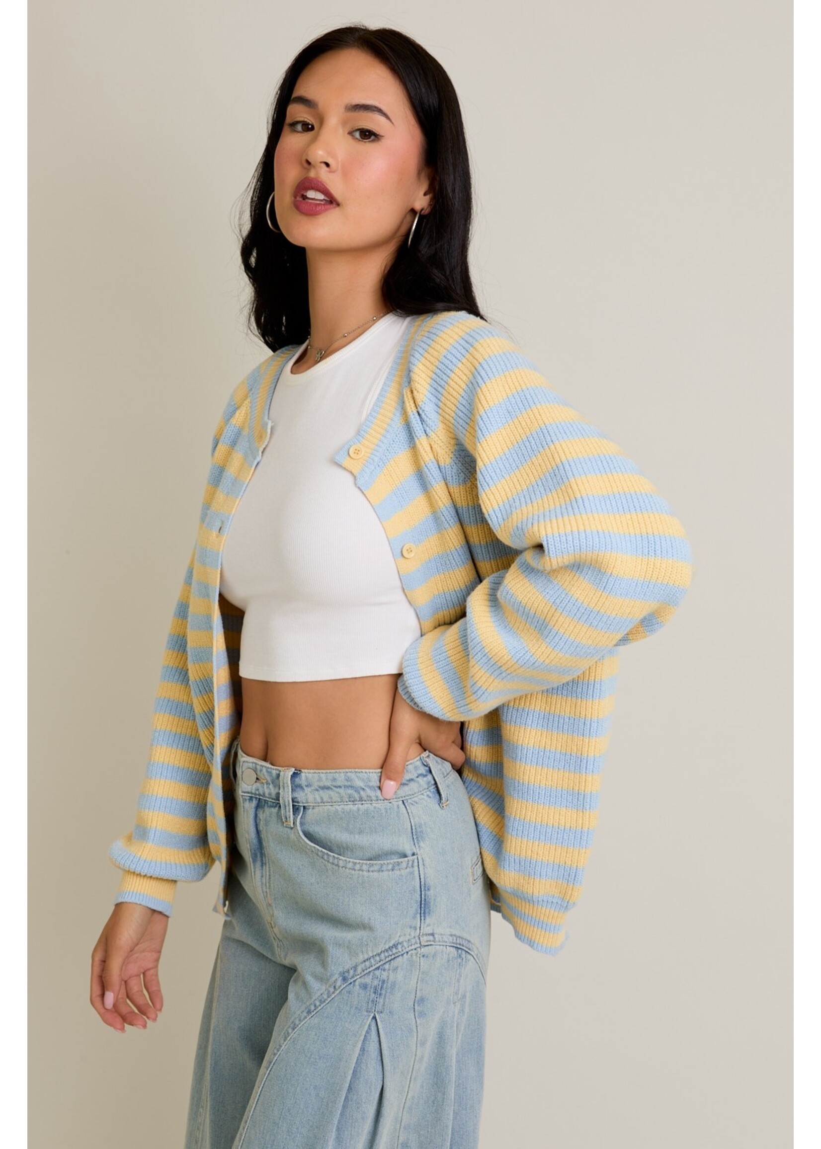 Le Lis Raglan Long Sleeve Crew Neck Striped Cardigan - IWJ5771