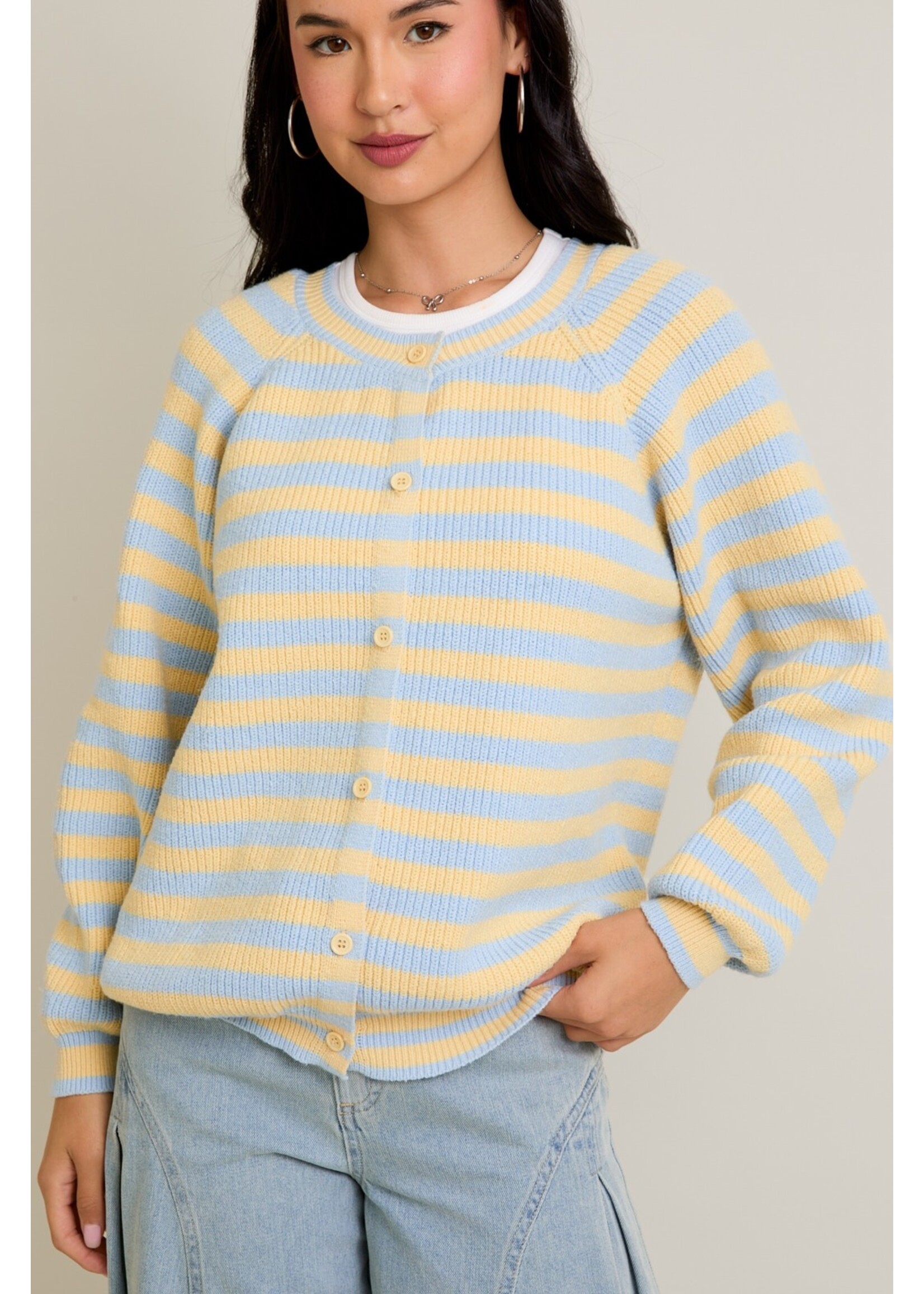 Le Lis Raglan Long Sleeve Crew Neck Striped Cardigan - IWJ5771