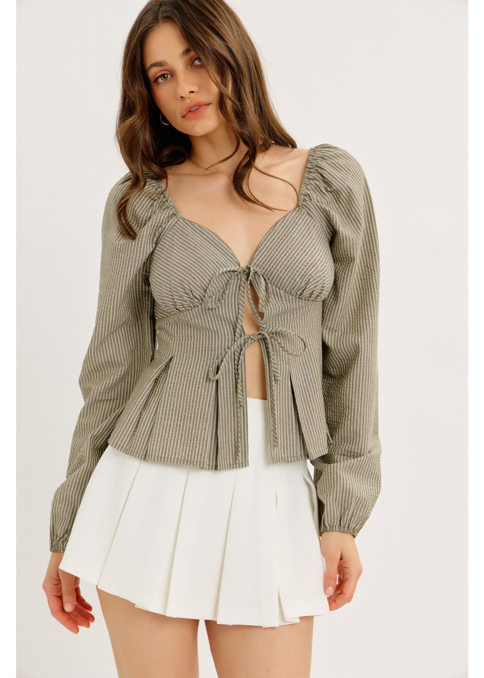 idem ditto Striped Open Front Pleated Blouse with Bows - J16122T